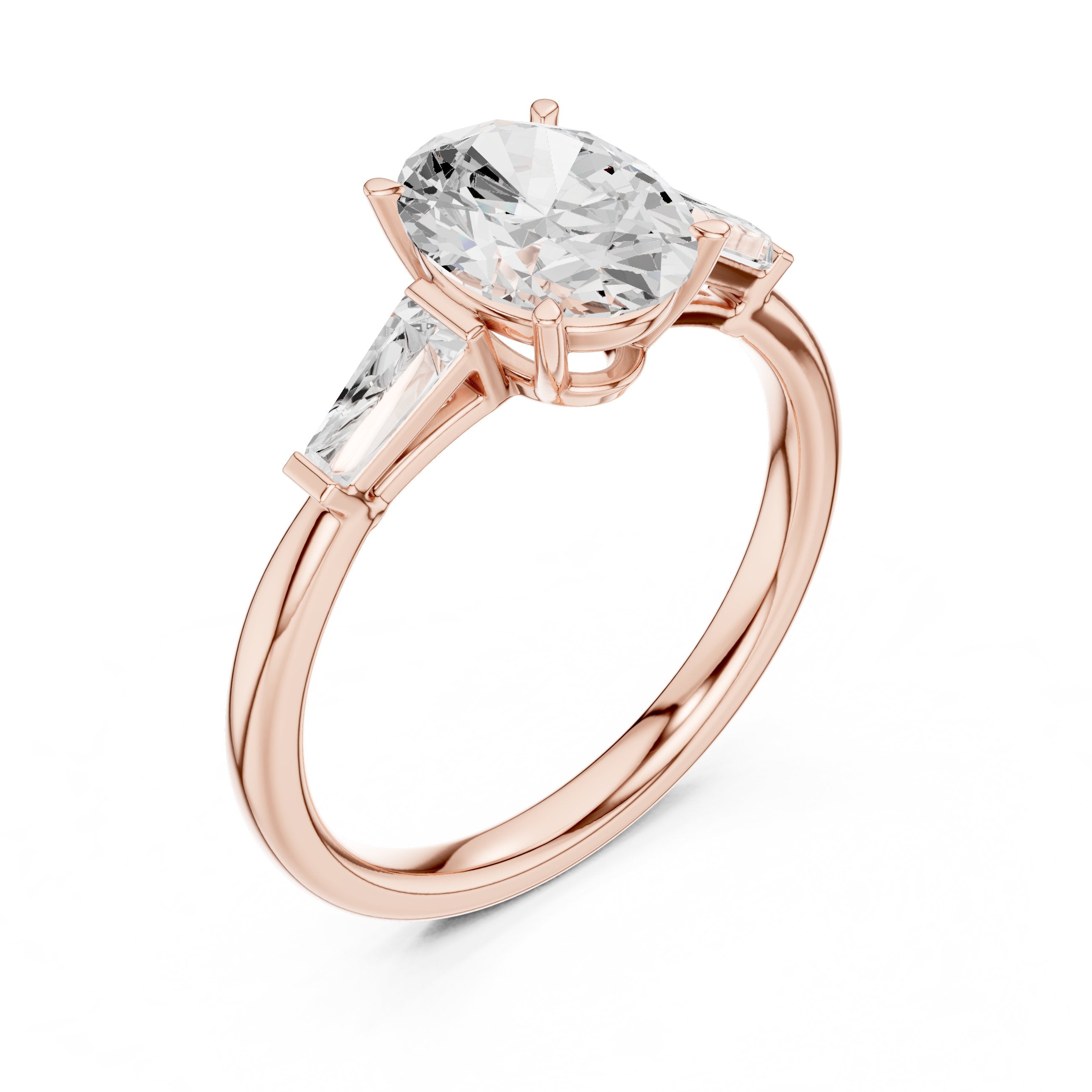 Oval Diamond Three Stone Engagement Ring with Tapered Baguette Sides in Rose Gold - VYKA Diamonds