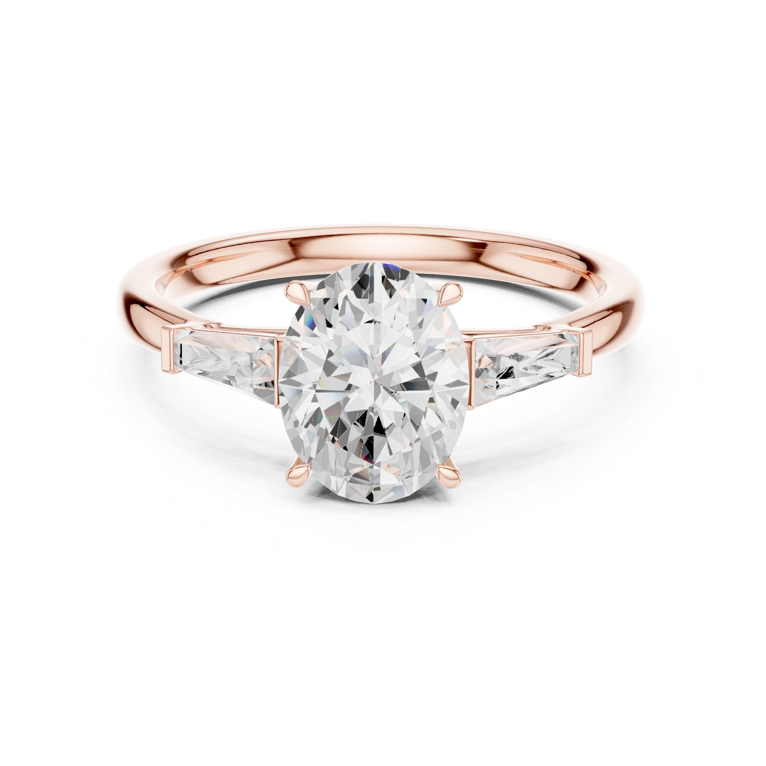 Oval Diamond Three Stone Engagement Ring with Tapered Baguette Sides in Rose Gold - VYKA Diamonds
