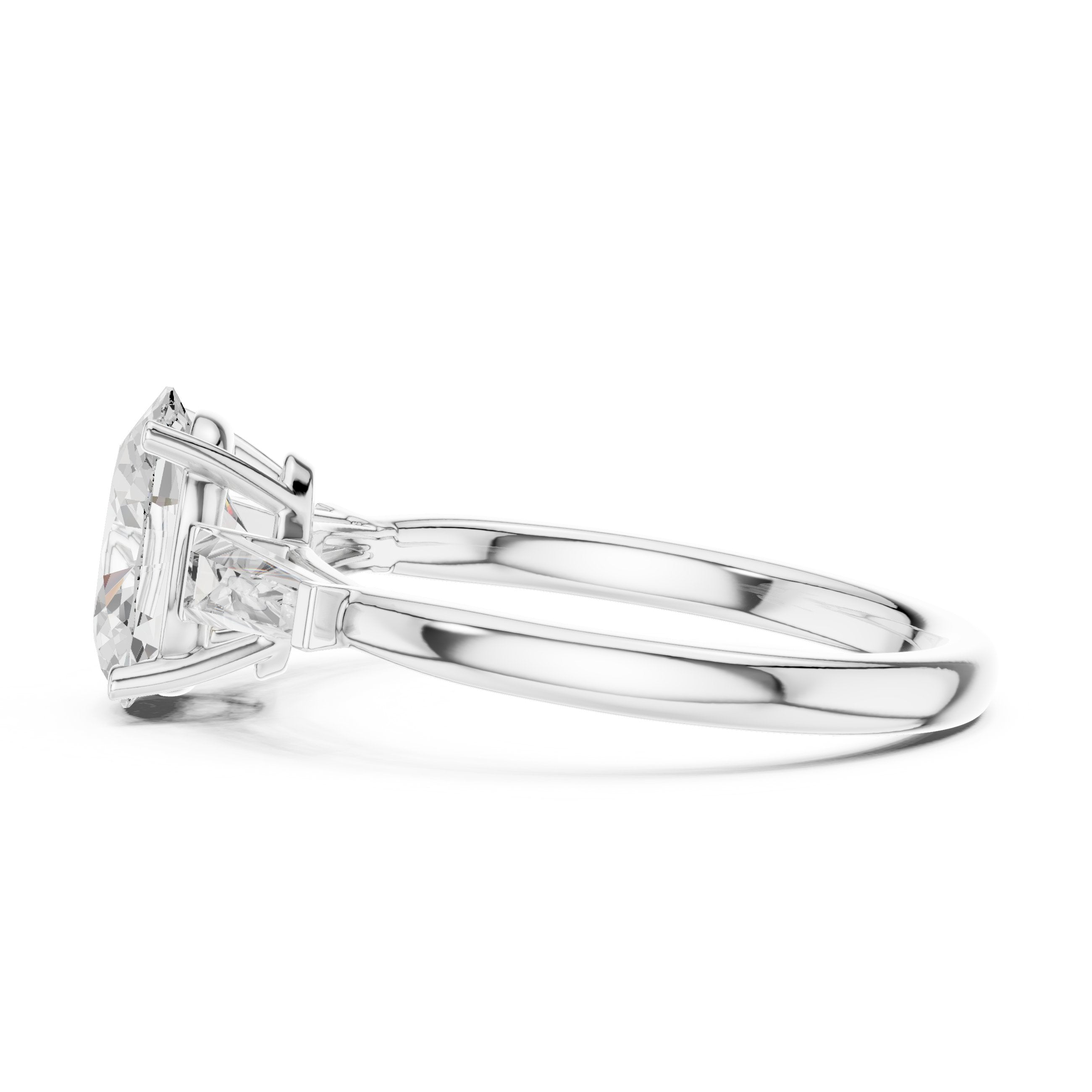 Oval Diamond Three Stone Engagement Ring with Tapered Baguette Sides in White Gold - VYKA Diamonds