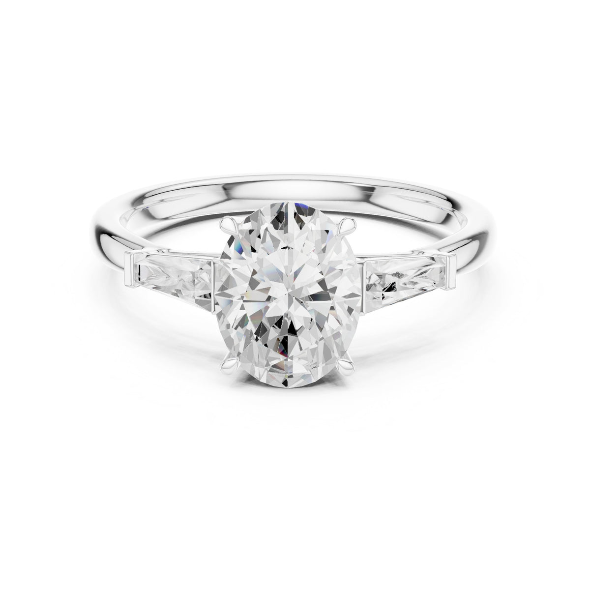Oval Diamond Three Stone Engagement Ring with Tapered Baguette Sides