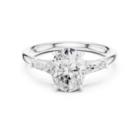 Oval Diamond Three Stone Engagement Ring with Tapered Baguette Sides