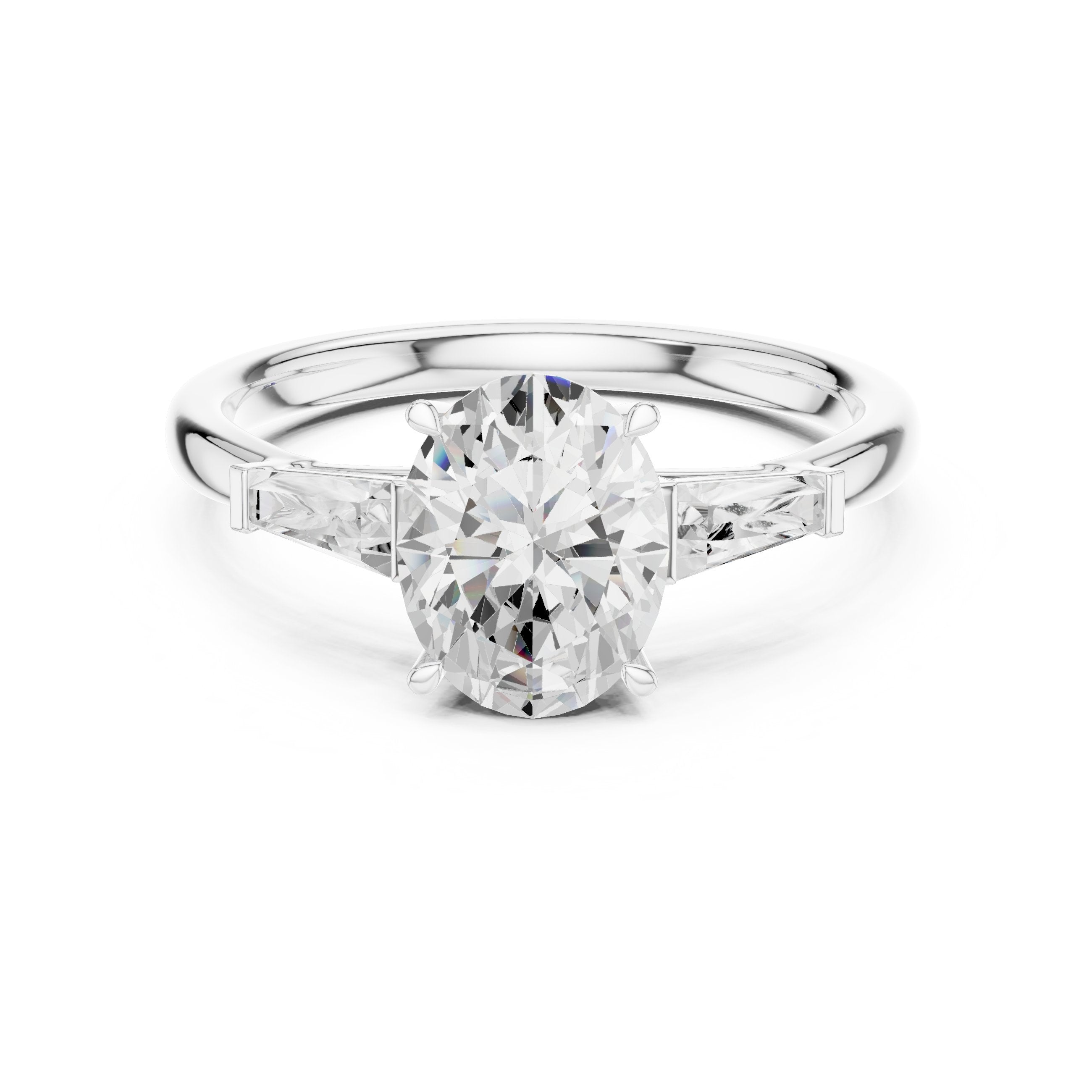 Oval Diamond Three Stone Engagement Ring with Tapered Baguette Sides in White Gold - VYKA Diamonds