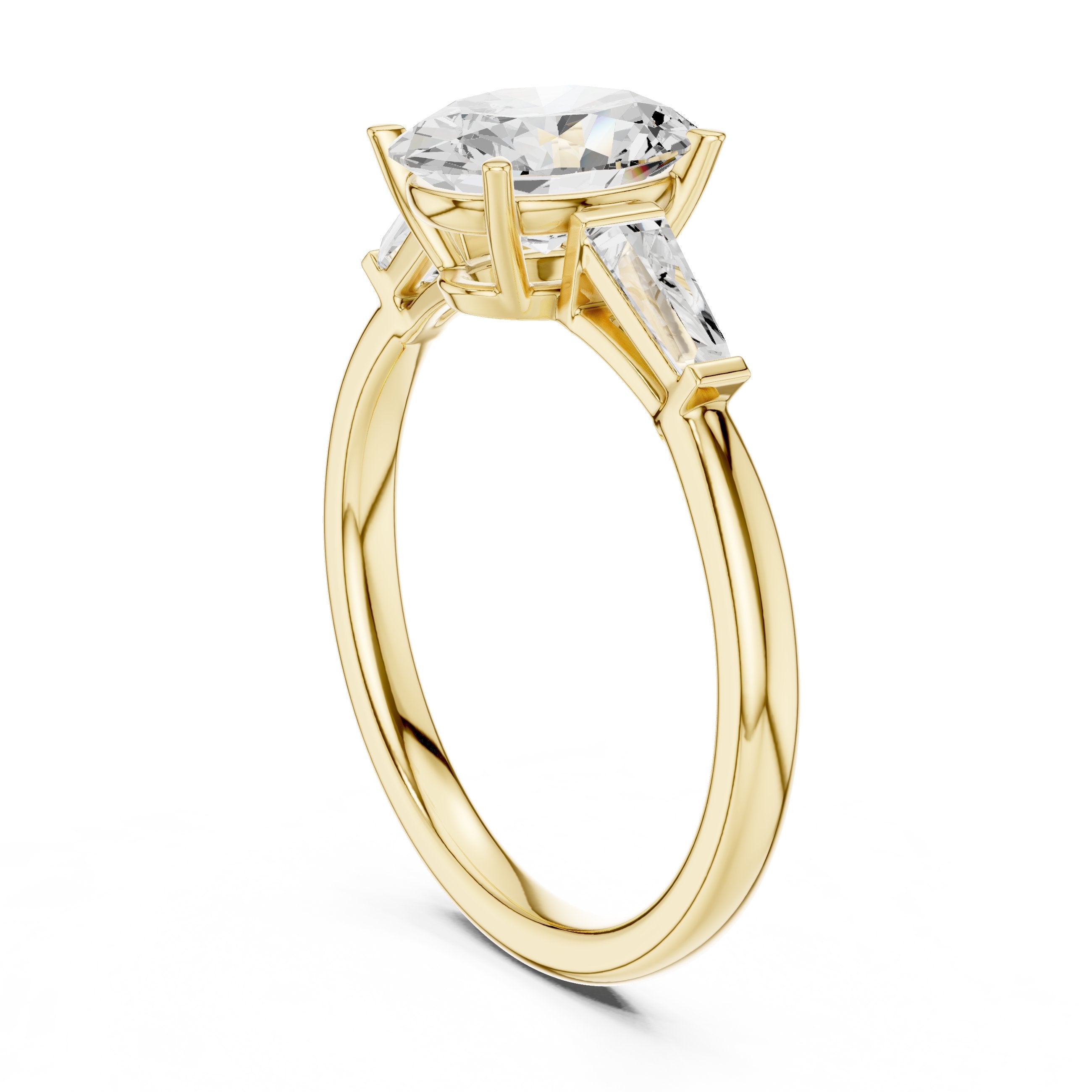 Oval Diamond Three Stone Engagement Ring with Tapered Baguette Sides in Yellow Gold - VYKA Diamonds