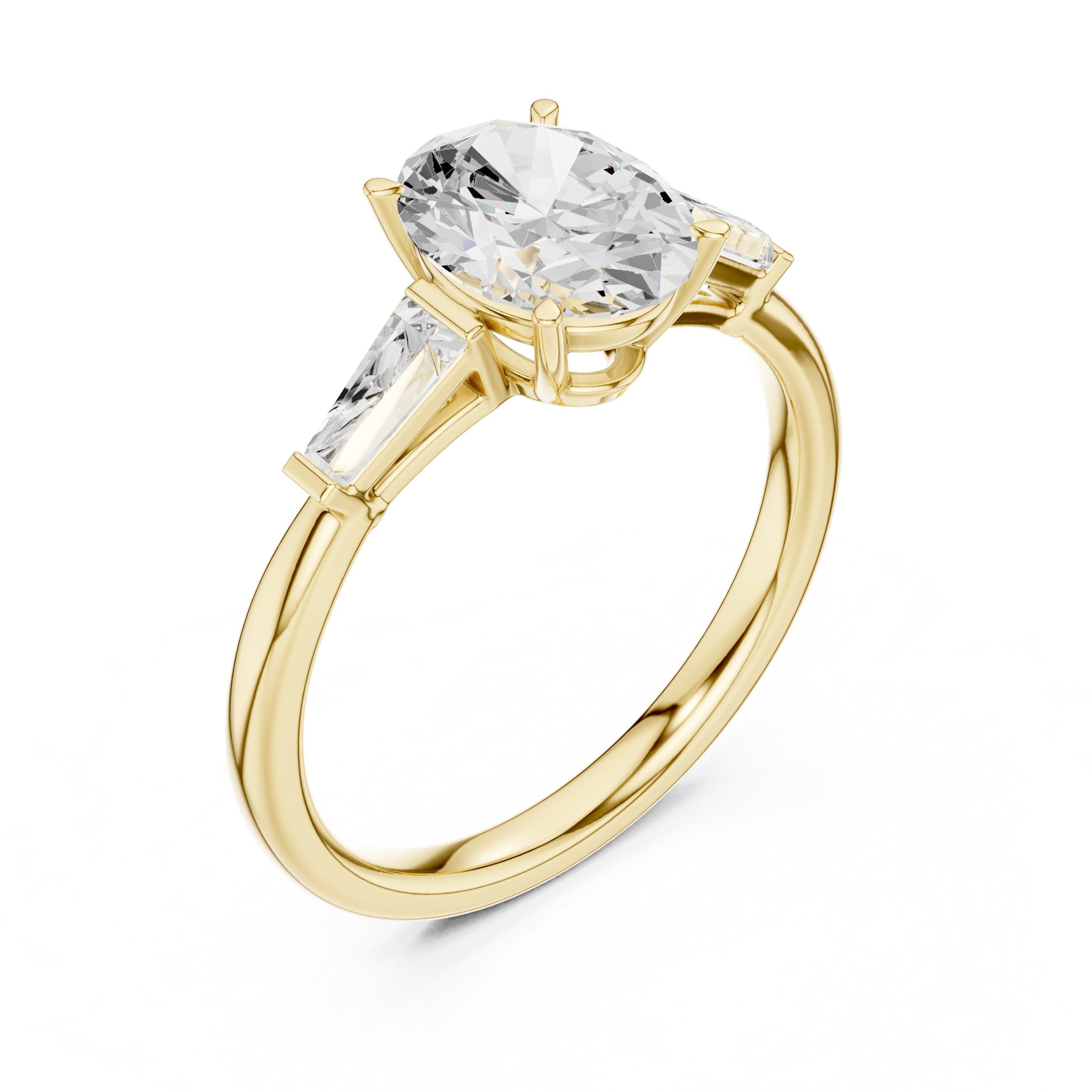 Oval Diamond Three Stone Engagement Ring with Tapered Baguette Sides in Yellow Gold - VYKA Diamonds