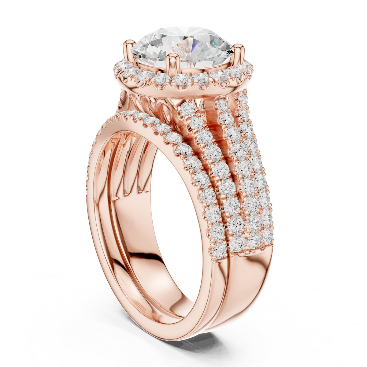 Round Diamond Halo Engagement Ring with Wide Multi-Row Pavé Split Shank Band