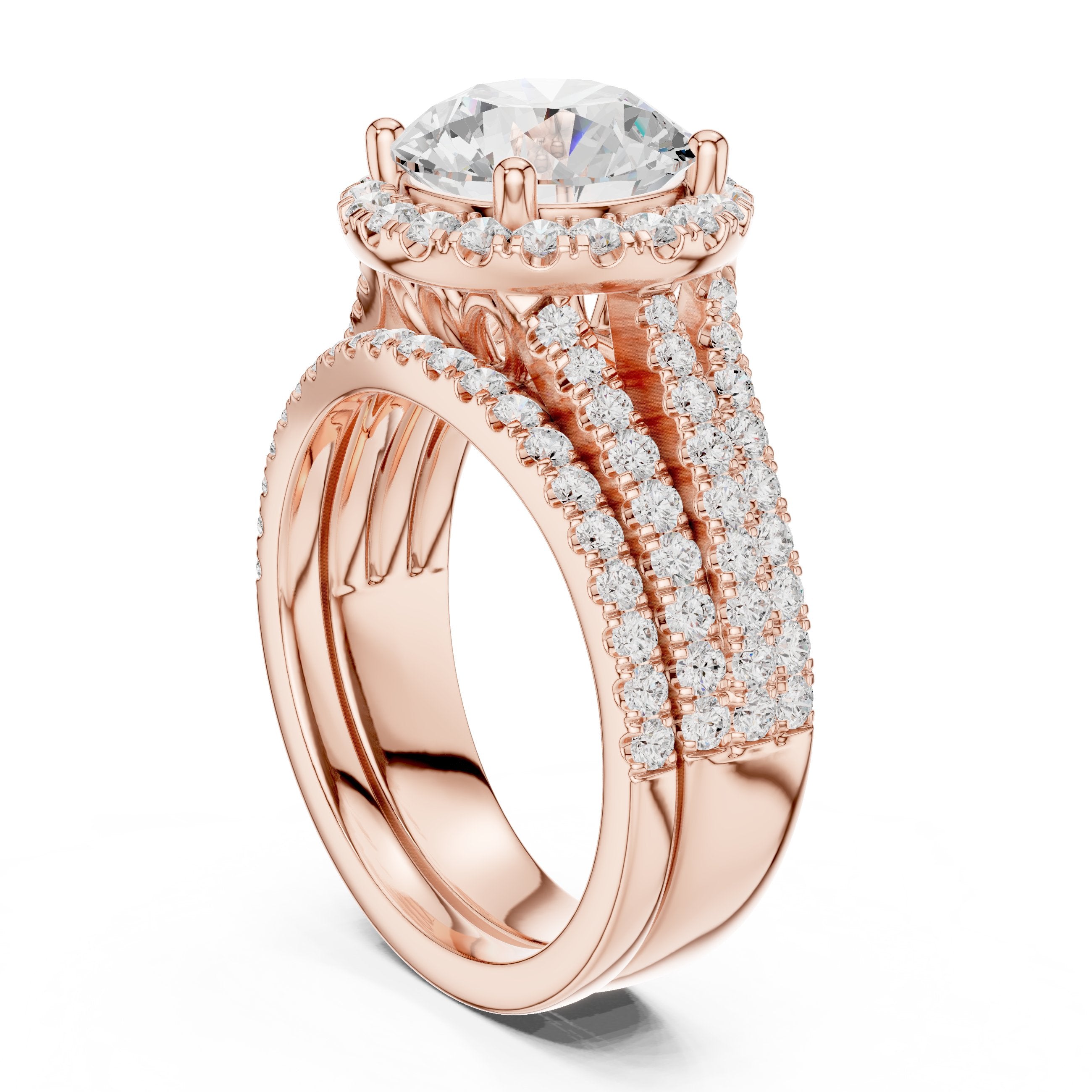 Round Diamond Halo Engagement Ring with Wide Multi-Row Pavé Split Shank Band in Rose Gold - VYKA Diamonds