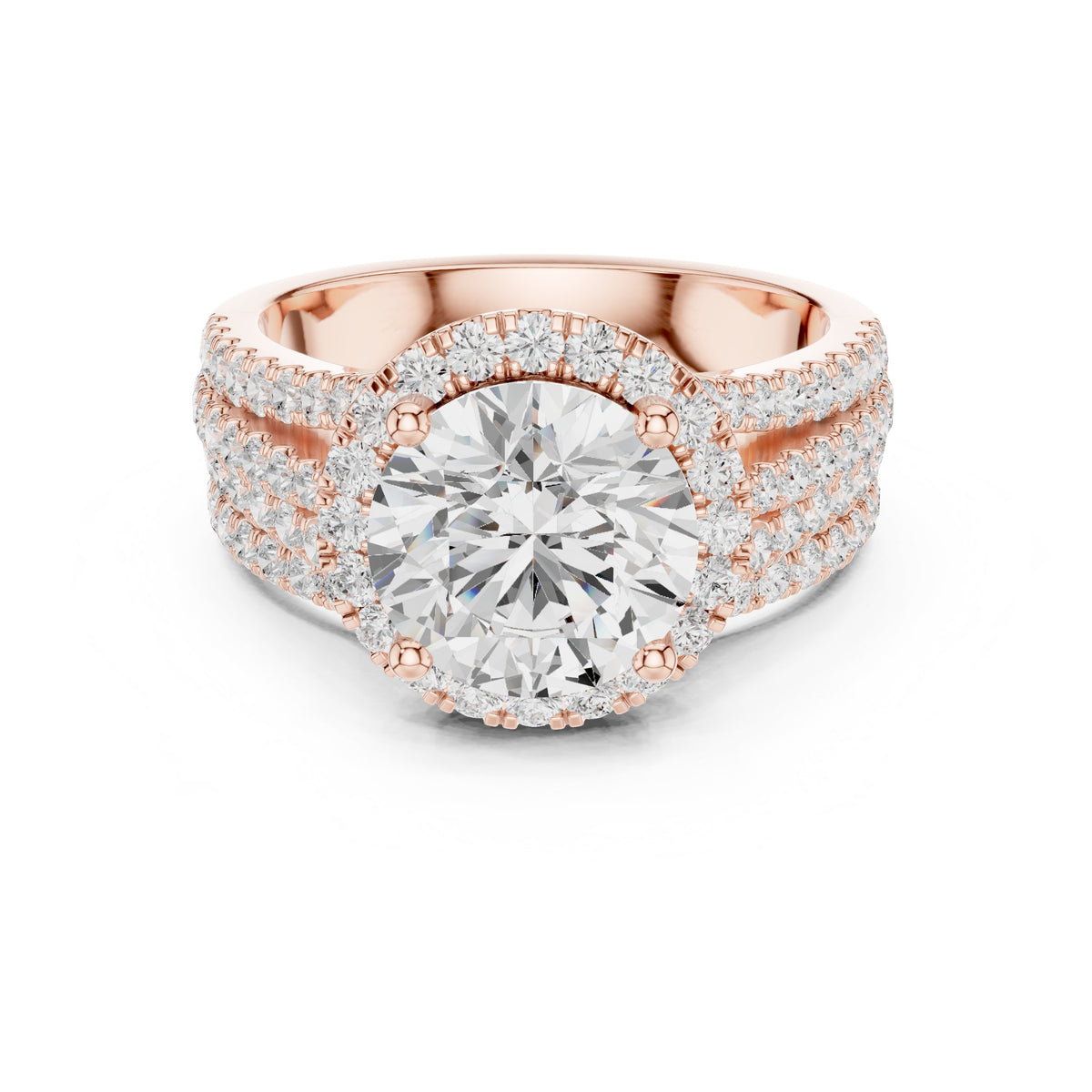 Round Diamond Halo Engagement Ring with Wide Multi-Row Pavé Split Shank Band