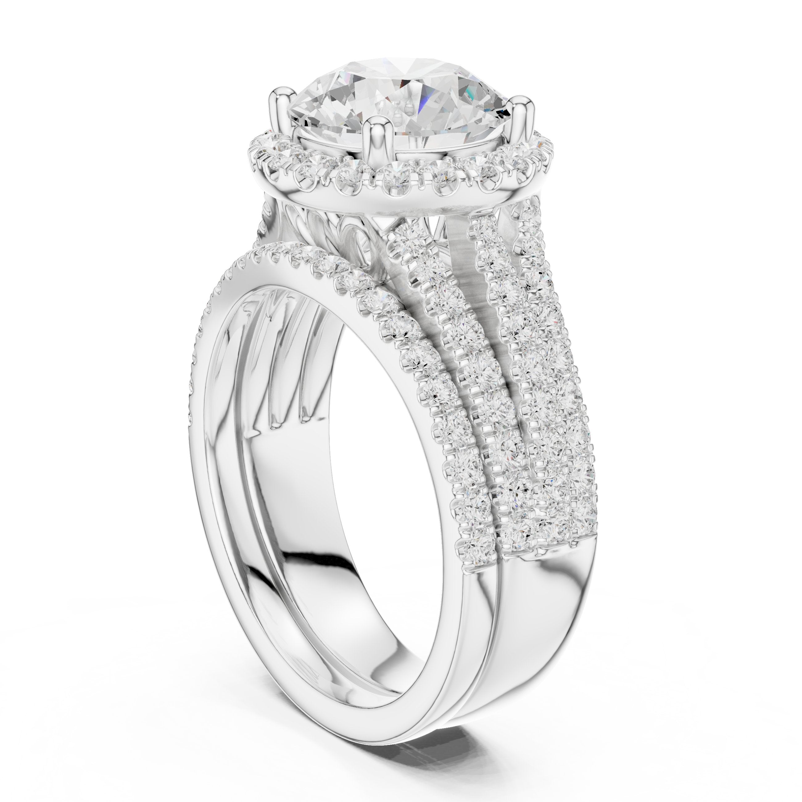Round Diamond Halo Engagement Ring with Wide Multi-Row Pavé Split Shank Band in White Gold - VYKA Diamonds