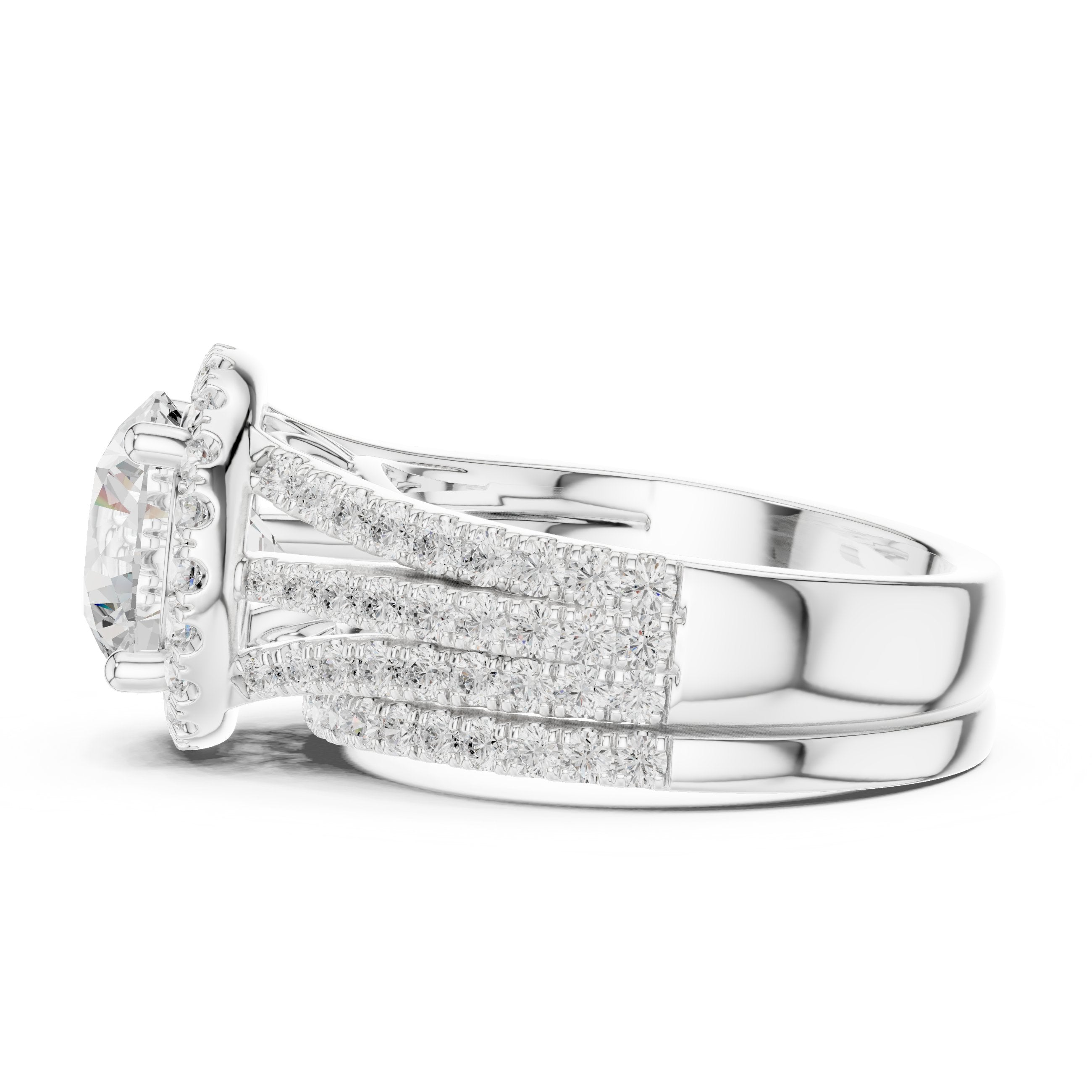 Round Diamond Halo Engagement Ring with Wide Multi-Row Pavé Split Shank Band in White Gold - VYKA Diamonds