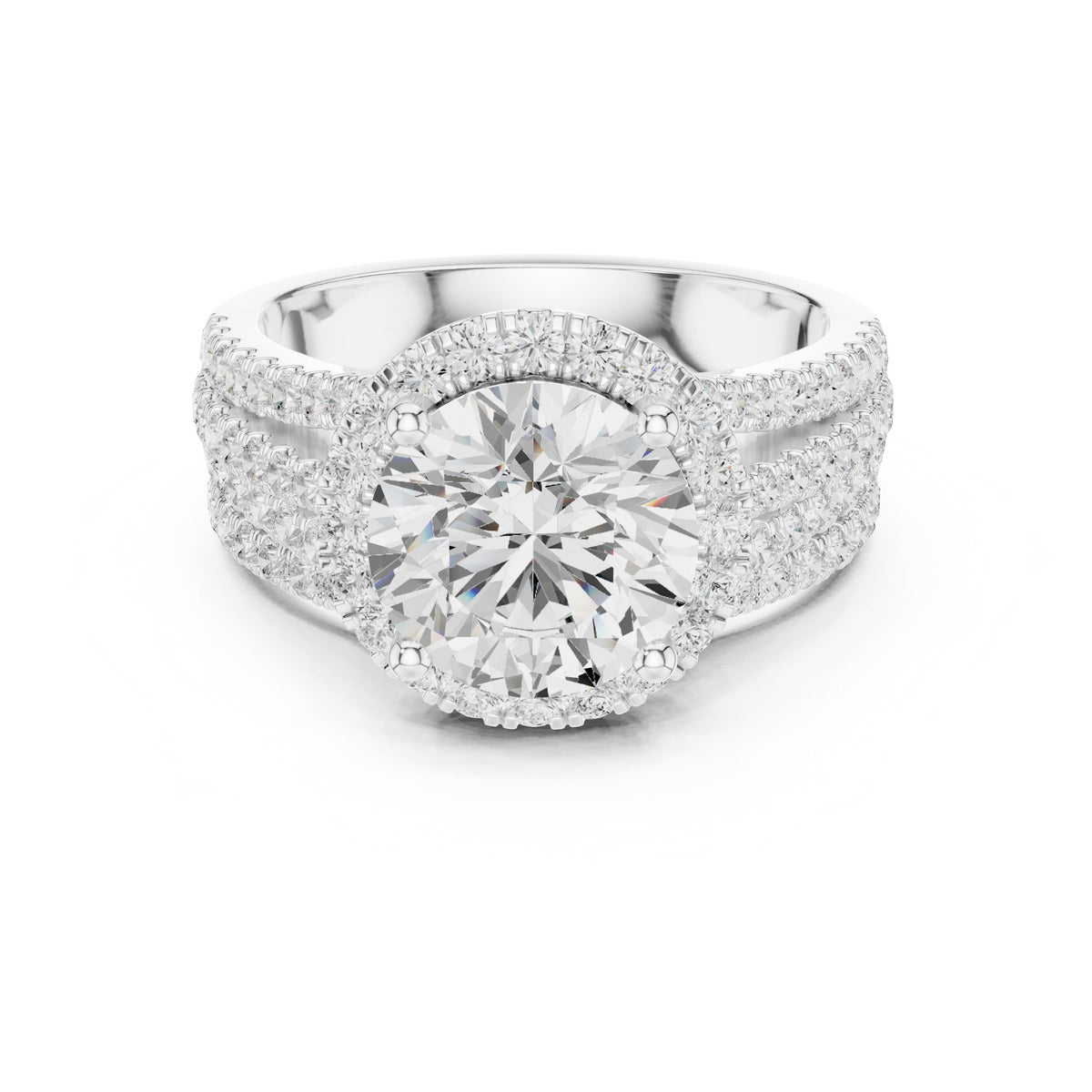 Round Diamond Halo Engagement Ring with Wide Multi-Row Pavé Split Shank Band
