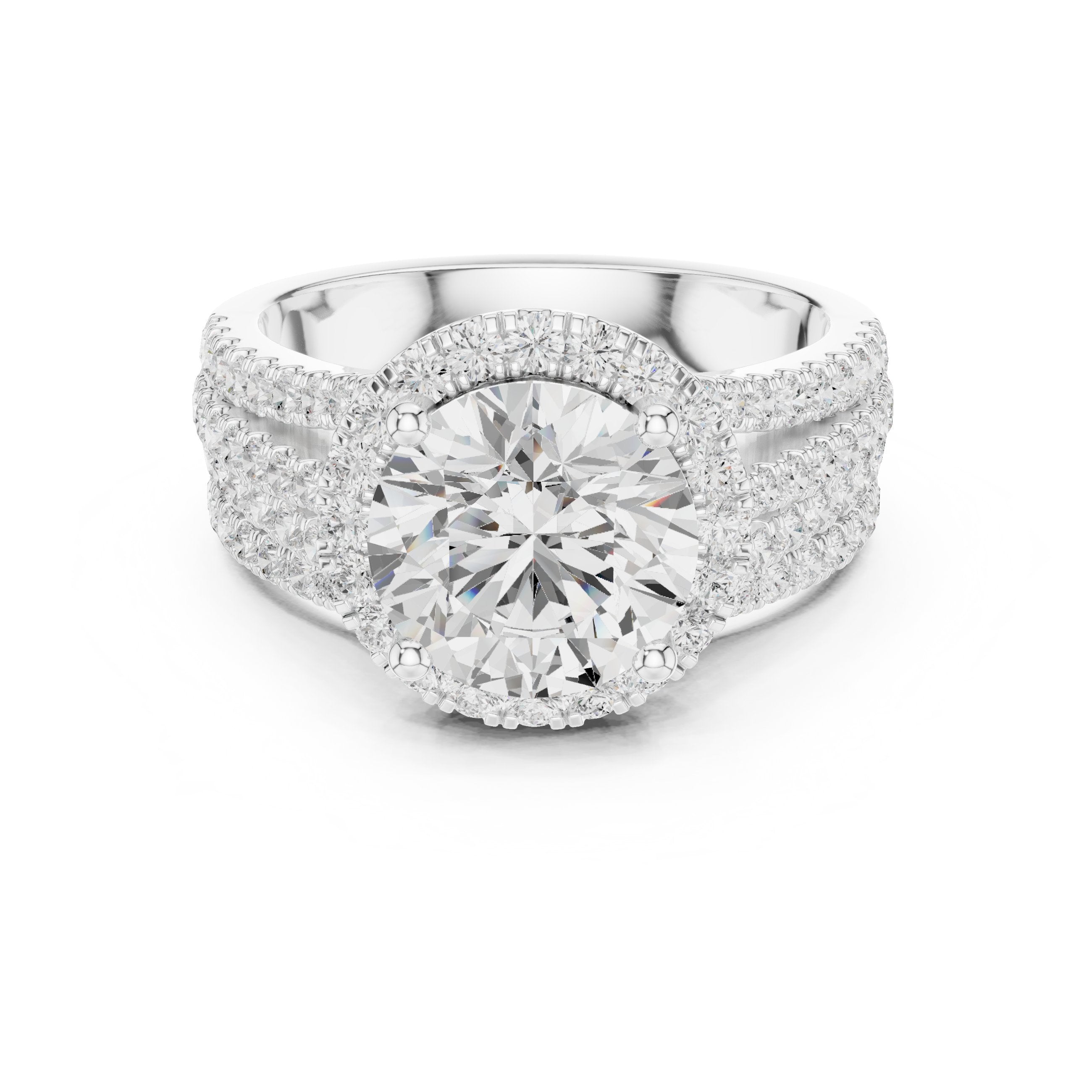 Round Diamond Halo Engagement Ring with Wide Multi-Row Pavé Split Shank Band in White Gold - VYKA Diamonds