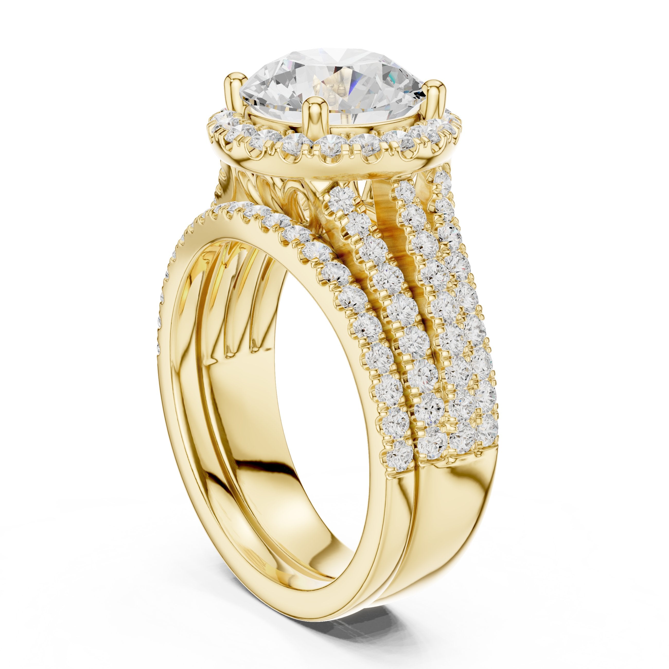 Round Diamond Halo Engagement Ring with Wide Multi-Row Pavé Split Shank Band in Yellow Gold - VYKA Diamonds