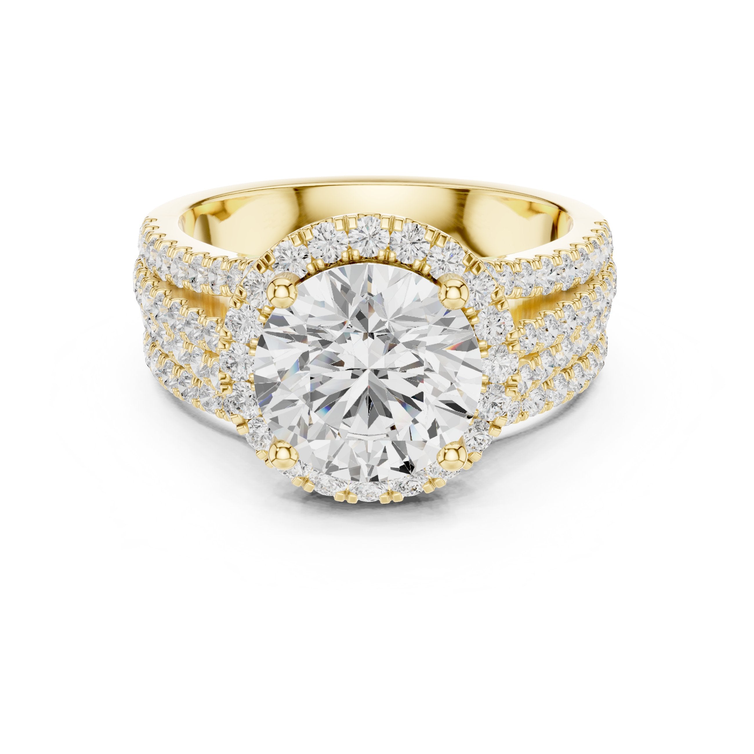 Round Diamond Halo Engagement Ring with Wide Multi-Row Pavé Split Shank Band in Yellow Gold - VYKA Diamonds