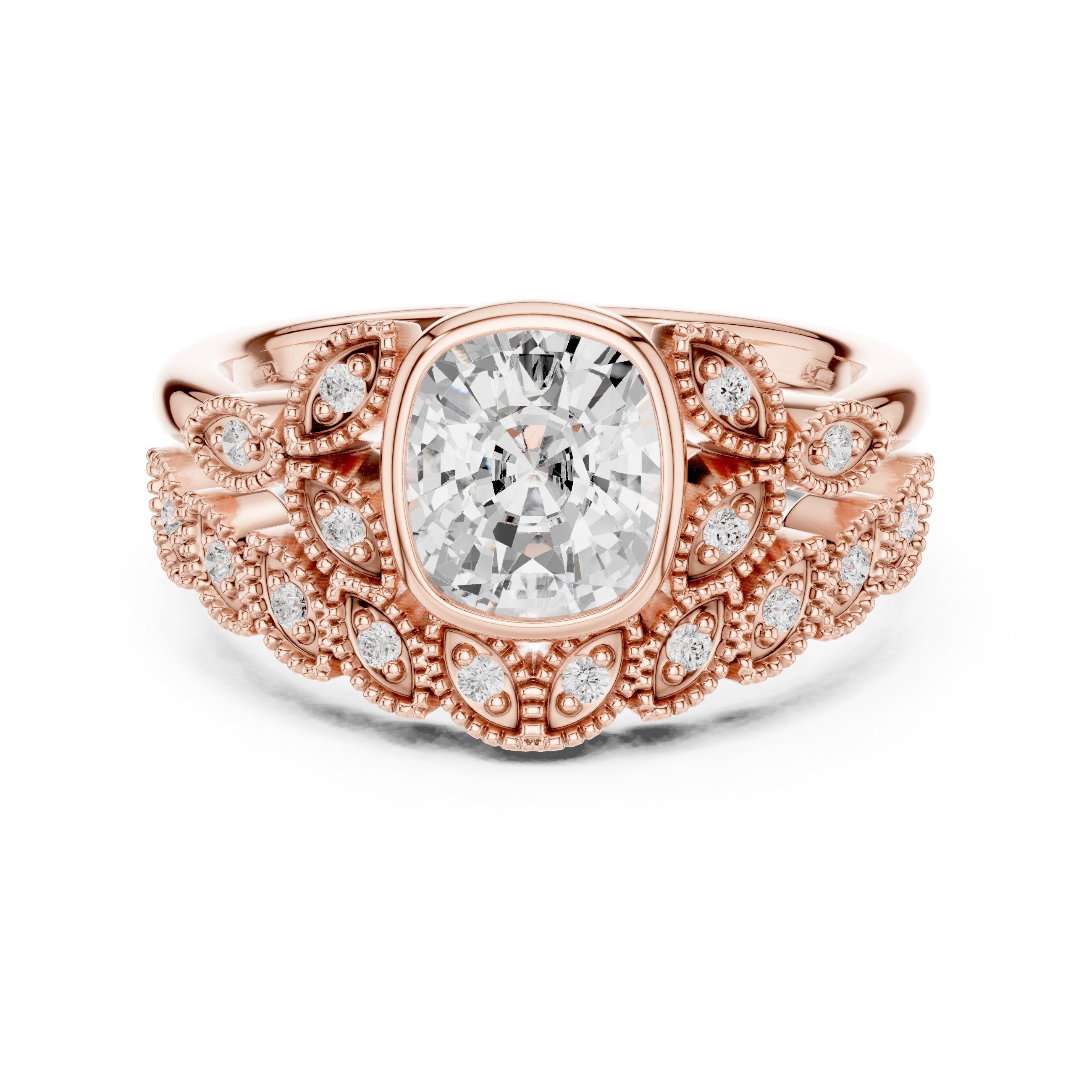 Cushion Cut Engagement Ring with Pavé Band and Milgrain Detail in Rose Gold - VYKA Diamonds