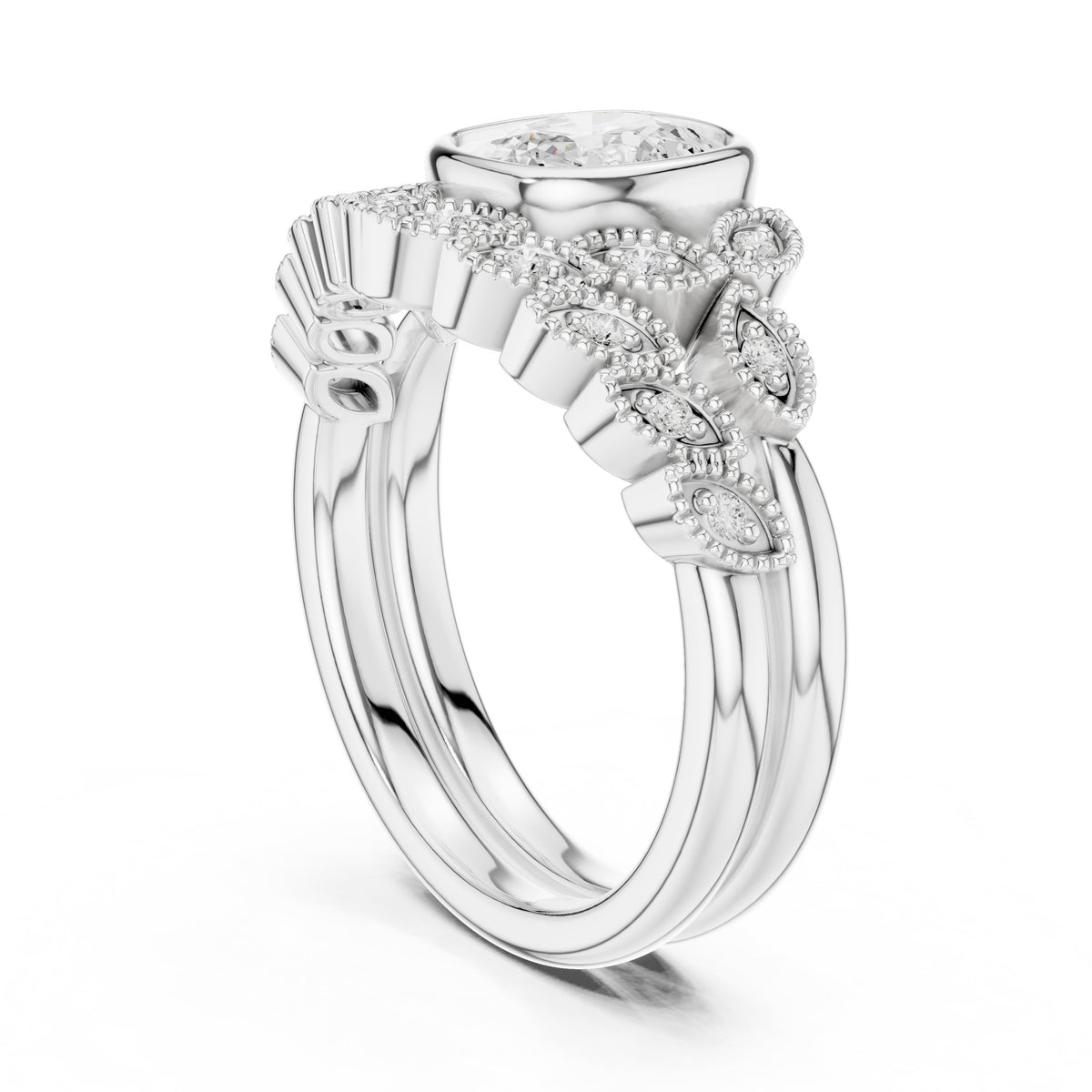 Cushion Cut Engagement Ring with Pavé Band and Milgrain Detail