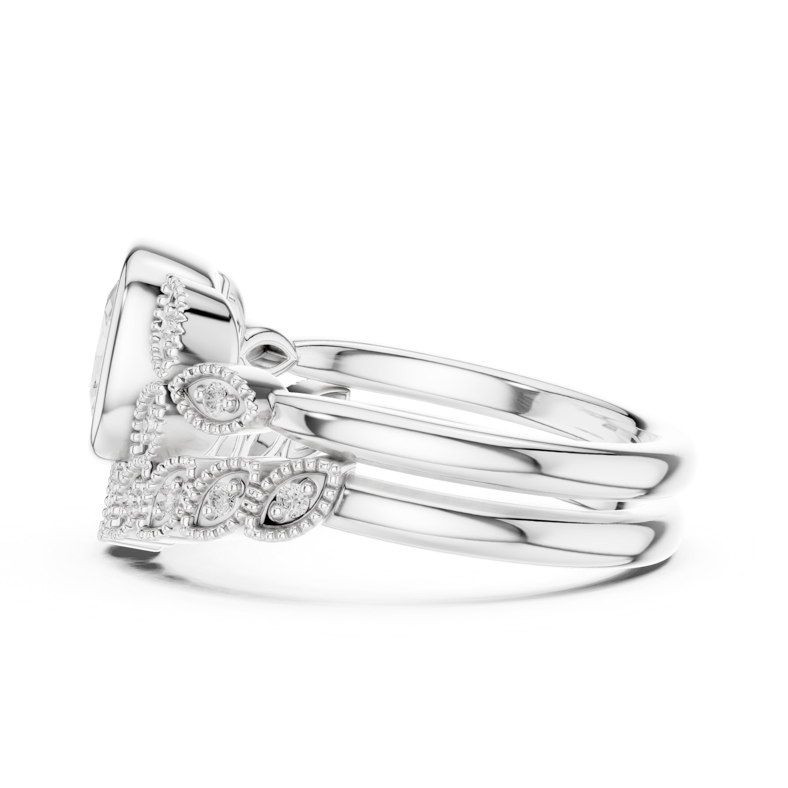 Cushion Cut Engagement Ring with Pavé Band and Milgrain Detail in White Gold - VYKA Diamonds