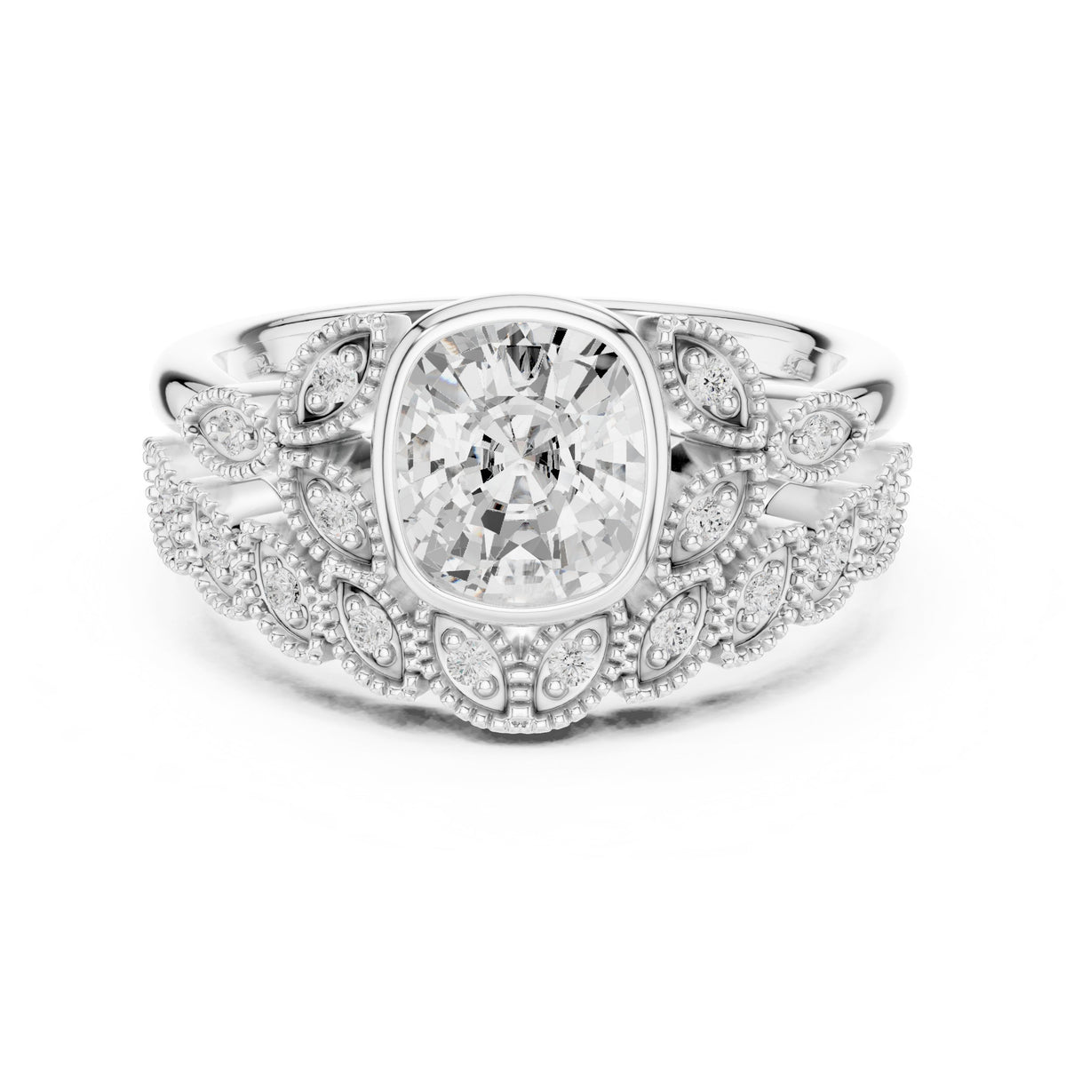 Cushion Cut Engagement Ring with Pavé Band and Milgrain Detail