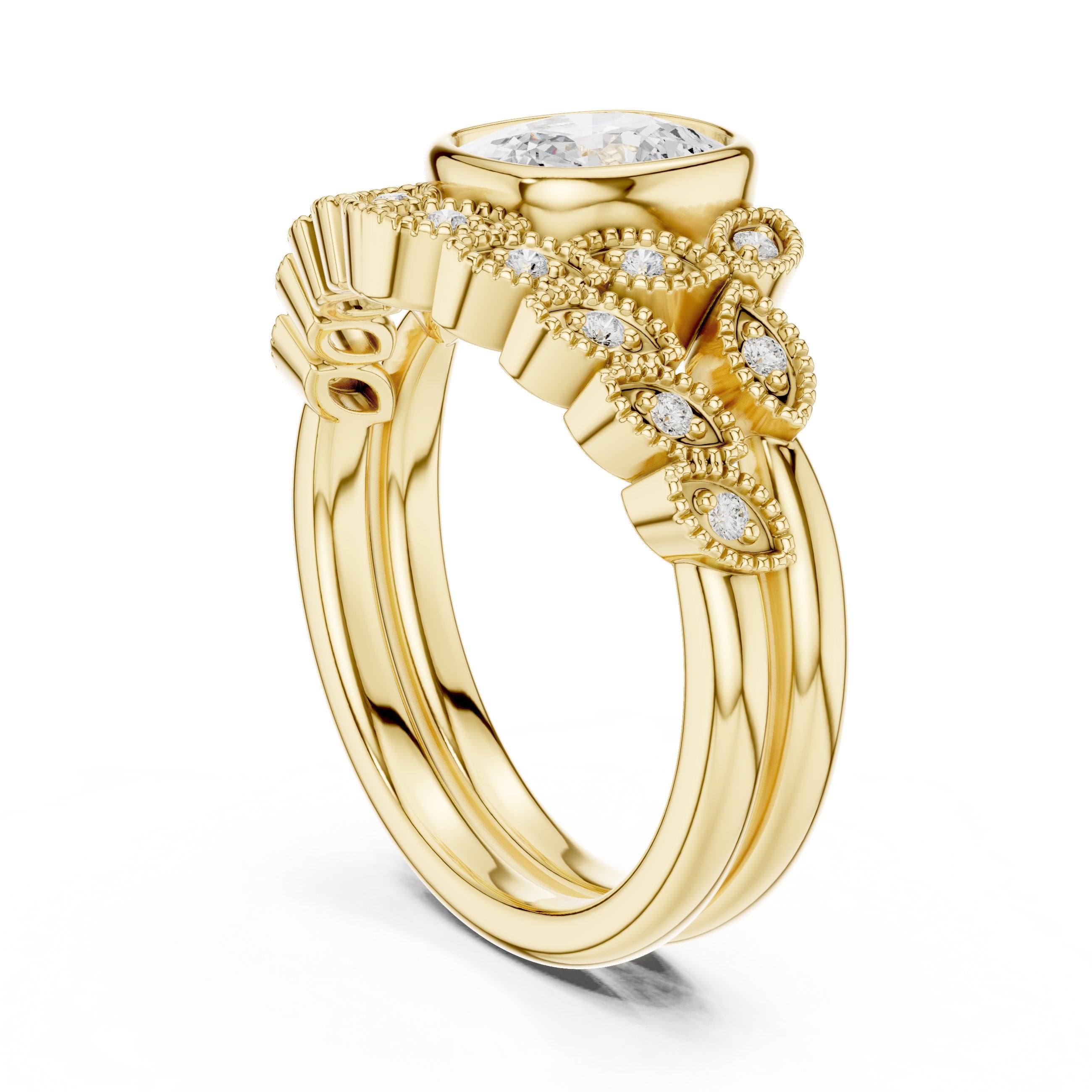 Cushion Cut Engagement Ring with Pavé Band and Milgrain Detail in Yellow Gold - VYKA Diamonds
