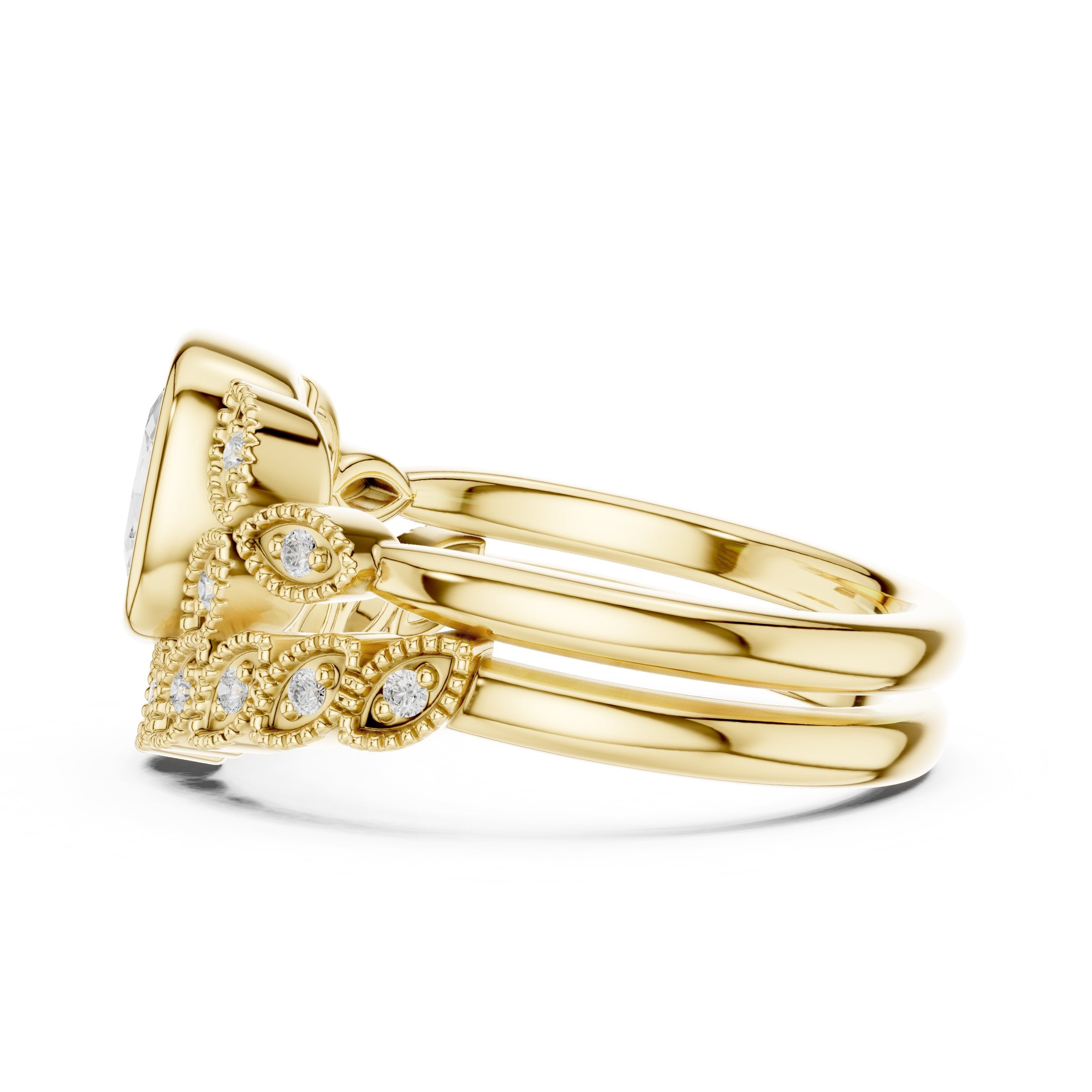 Cushion Cut Engagement Ring with Pavé Band and Milgrain Detail in Yellow Gold - VYKA Diamonds