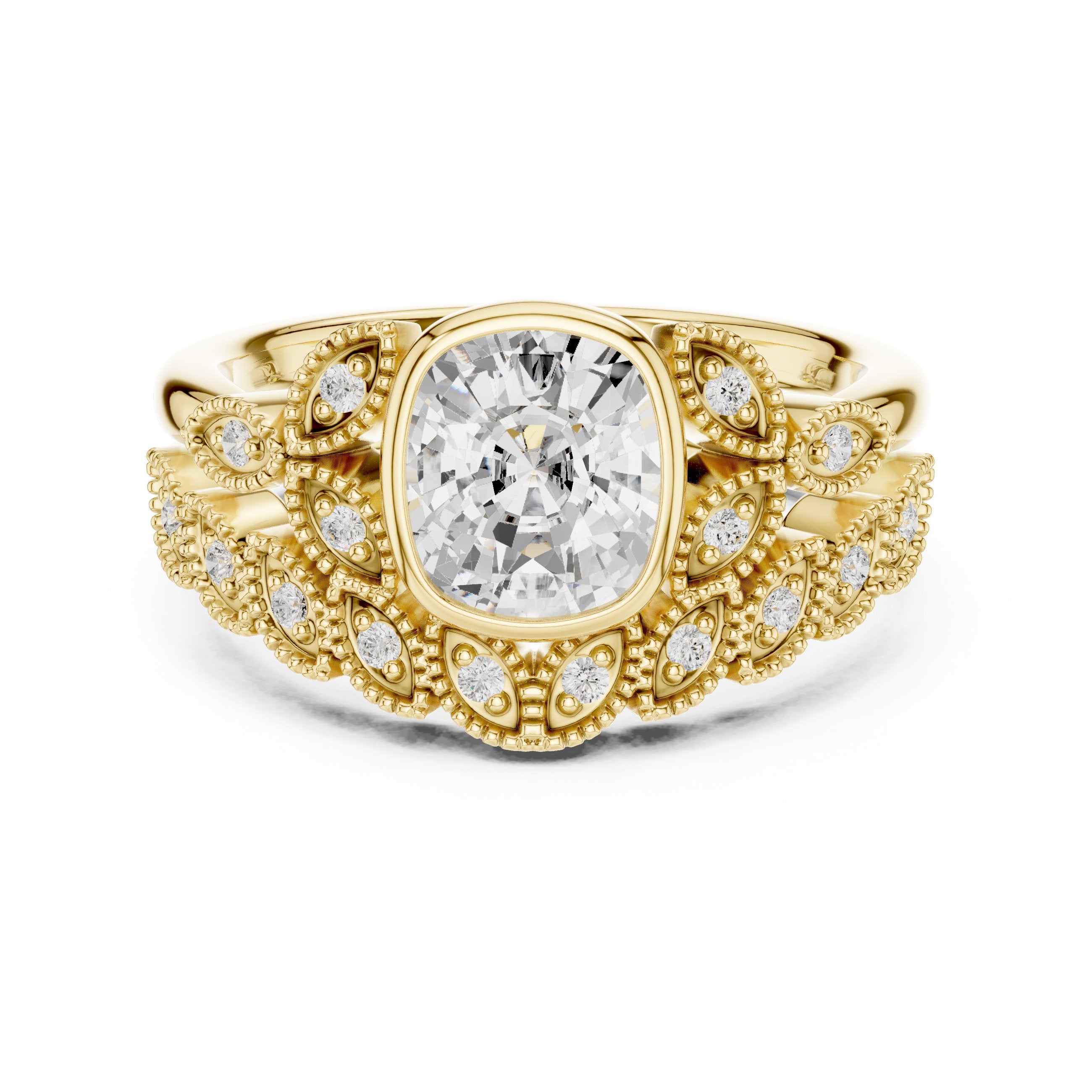 Cushion Cut Engagement Ring with Pavé Band and Milgrain Detail in Yellow Gold - VYKA Diamonds