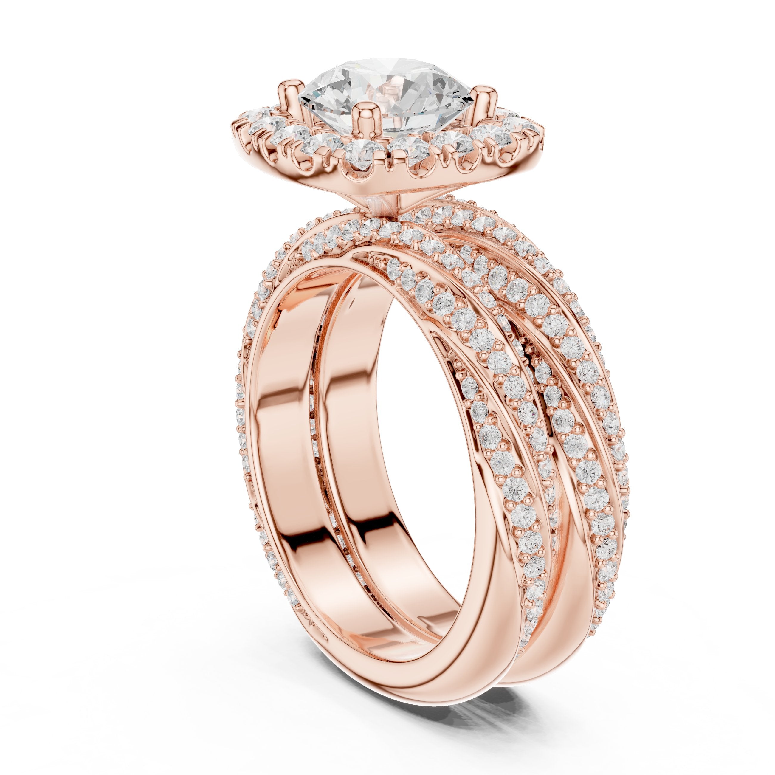 Round Diamond Cushion Halo Engagement Ring with Multi-Row Split Shank Pavé Band in Rose Gold - VYKA Diamonds