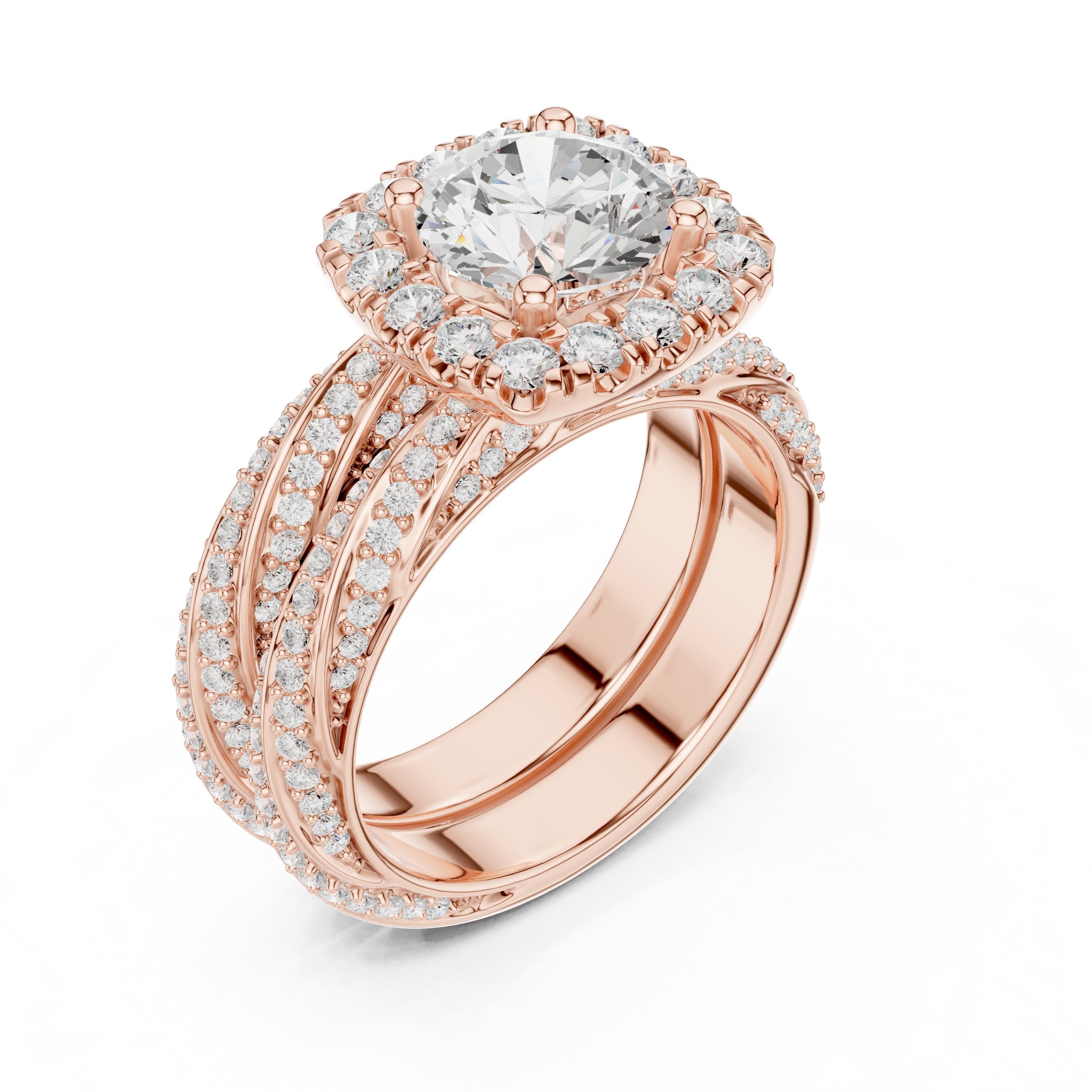 Round Diamond Cushion Halo Engagement Ring with Multi-Row Split Shank Pavé Band in Rose Gold - VYKA Diamonds