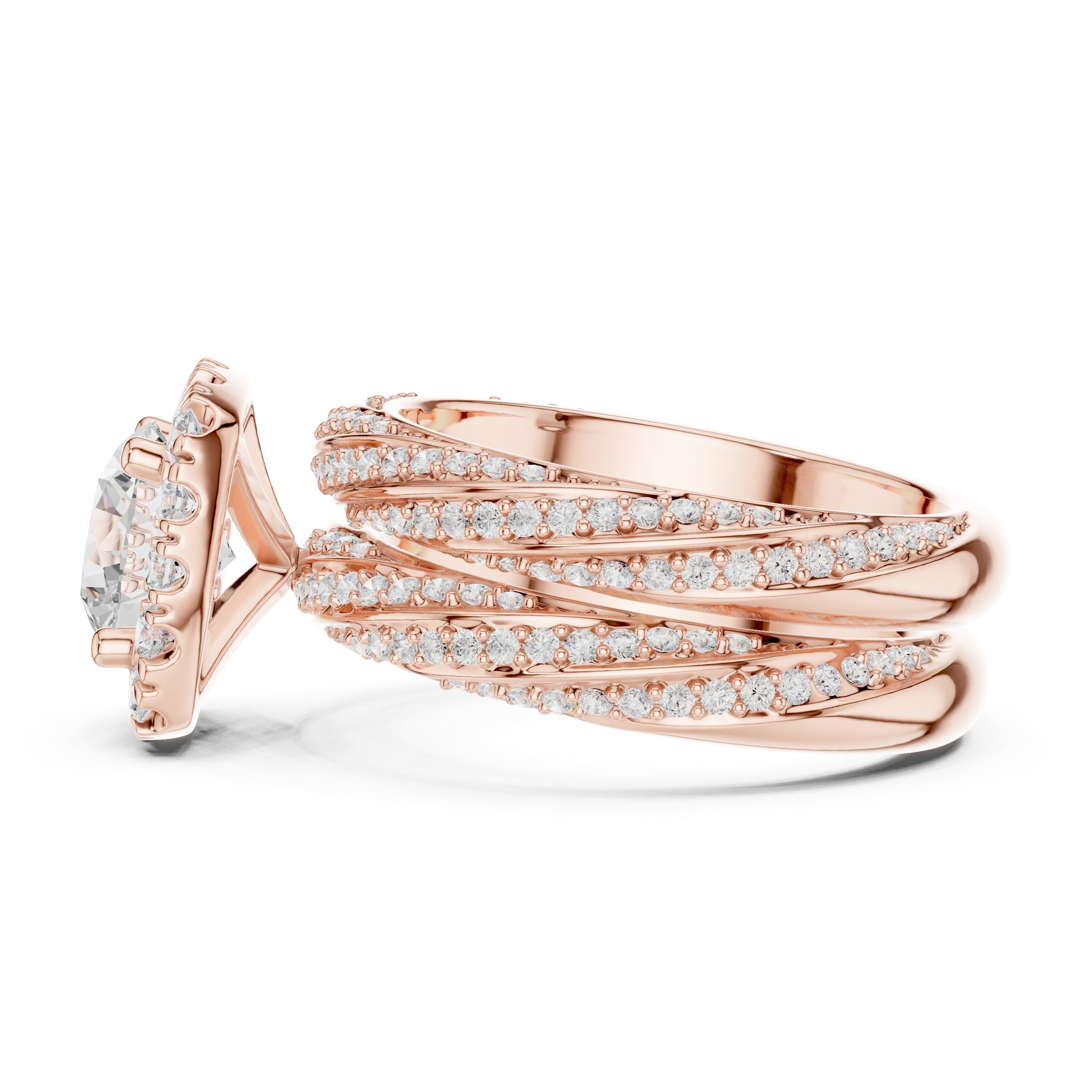 Round Diamond Cushion Halo Engagement Ring with Multi-Row Split Shank Pavé Band in Rose Gold - VYKA Diamonds