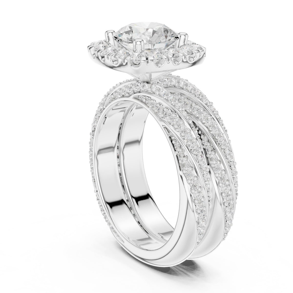 Round Diamond Cushion Halo Engagement Ring with Multi-Row Split Shank Pavé Band
