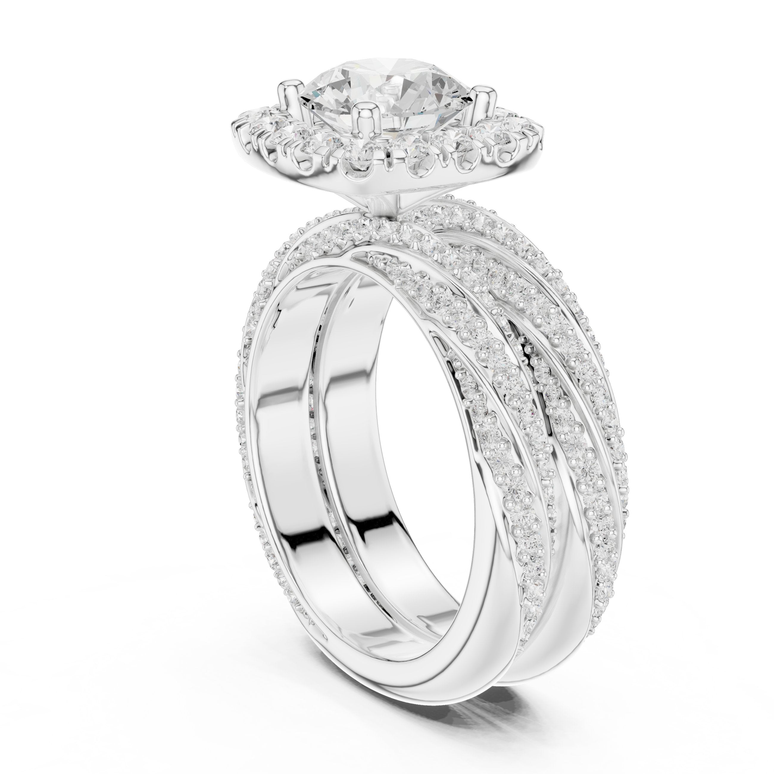 Round Diamond Cushion Halo Engagement Ring with Multi-Row Split Shank Pavé Band in White Gold - VYKA Diamonds