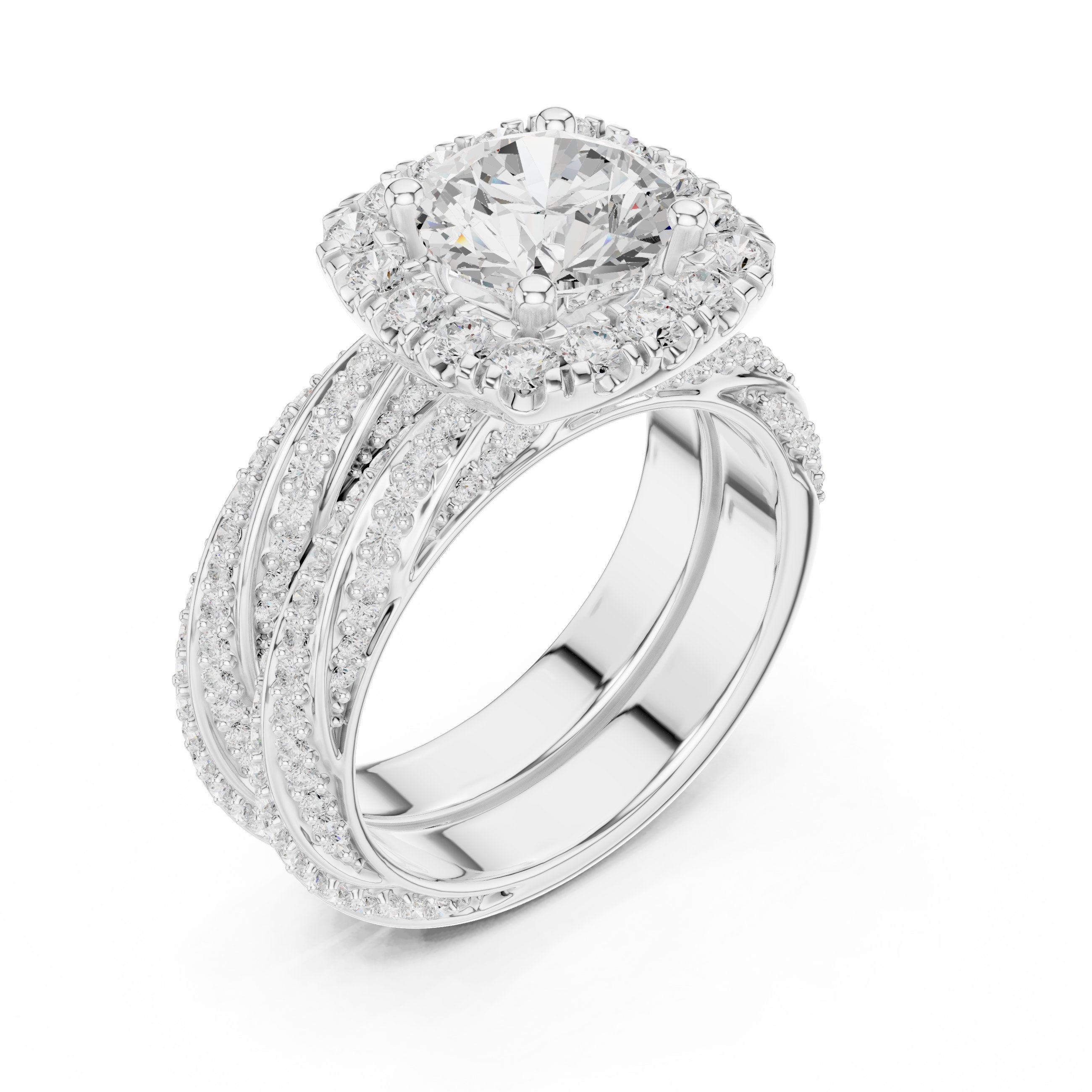Round Diamond Cushion Halo Engagement Ring with Multi-Row Split Shank Pavé Band in White Gold - VYKA Diamonds