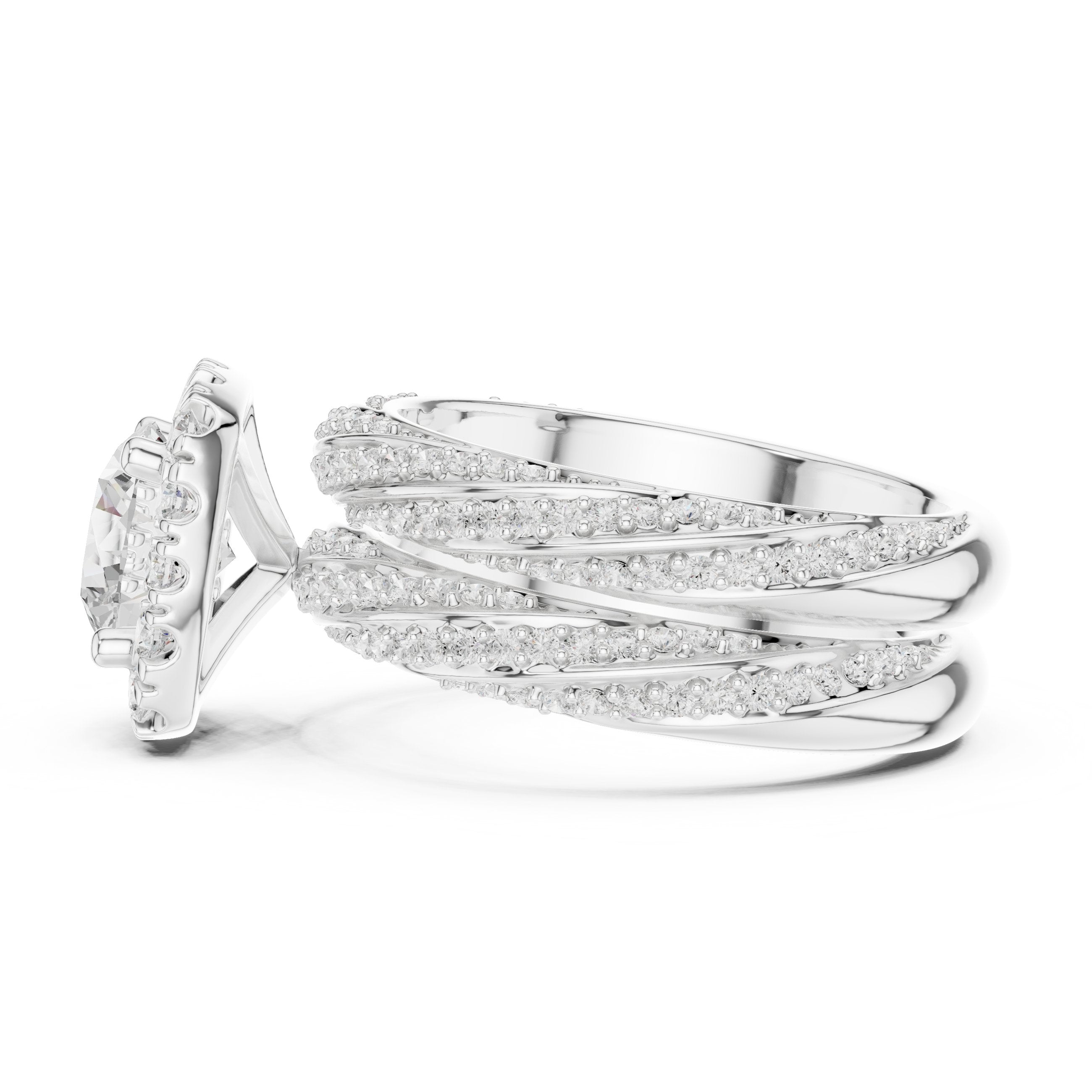 Round Diamond Cushion Halo Engagement Ring with Multi-Row Split Shank Pavé Band in White Gold - VYKA Diamonds
