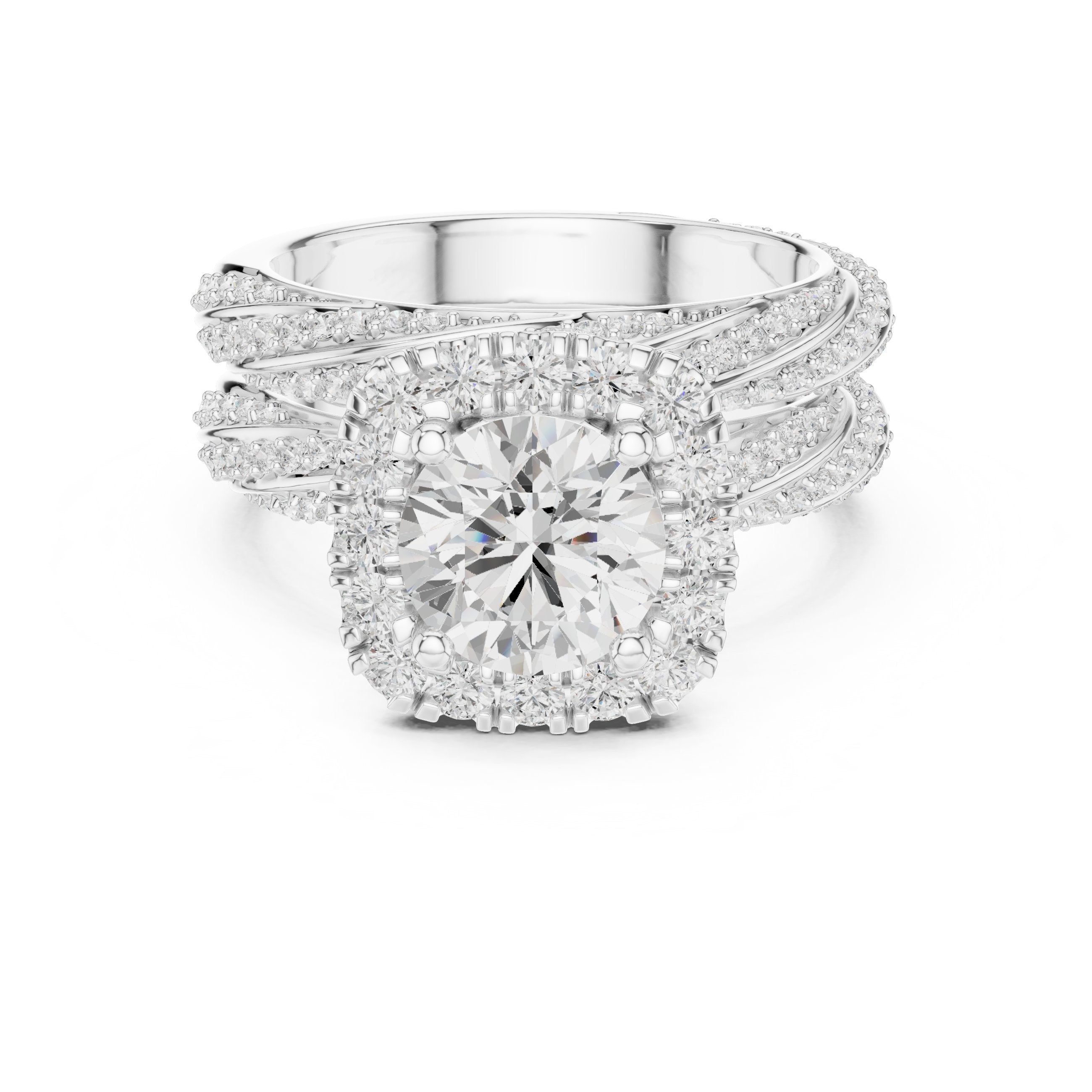 Round Diamond Cushion Halo Engagement Ring with Multi-Row Split Shank Pavé Band in White Gold - VYKA Diamonds