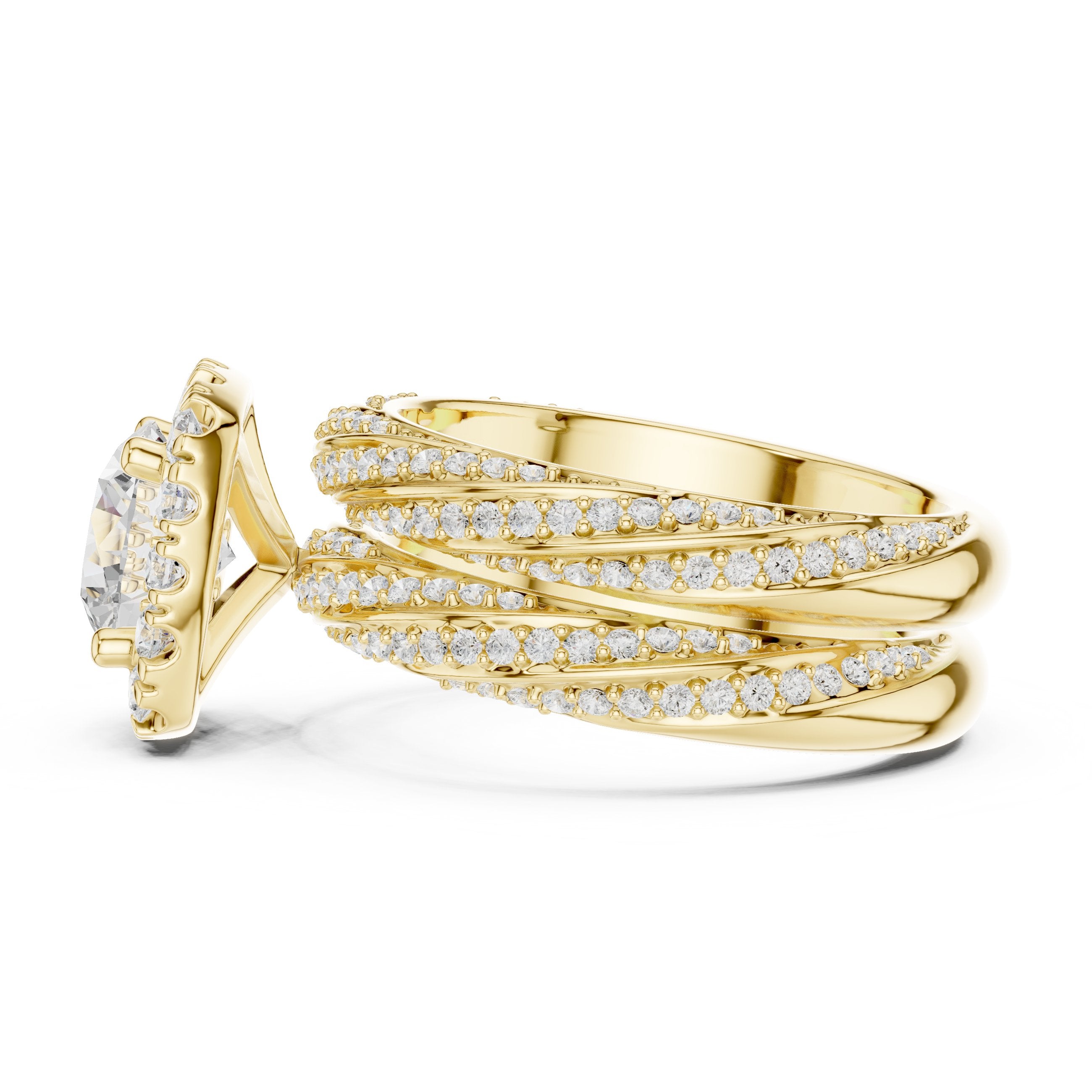 Round Diamond Cushion Halo Engagement Ring with Multi-Row Split Shank Pavé Band in Yellow Gold - VYKA Diamonds