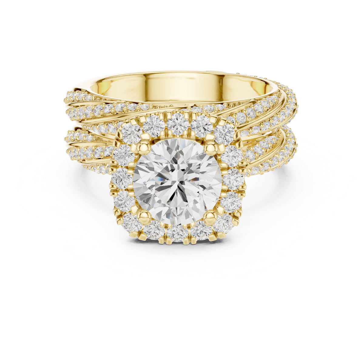 Round Diamond Cushion Halo Engagement Ring with Multi-Row Split Shank Pavé Band
