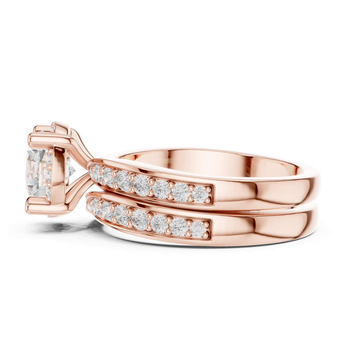 Round Diamond Halo Engagement Ring with Double Pavé Band