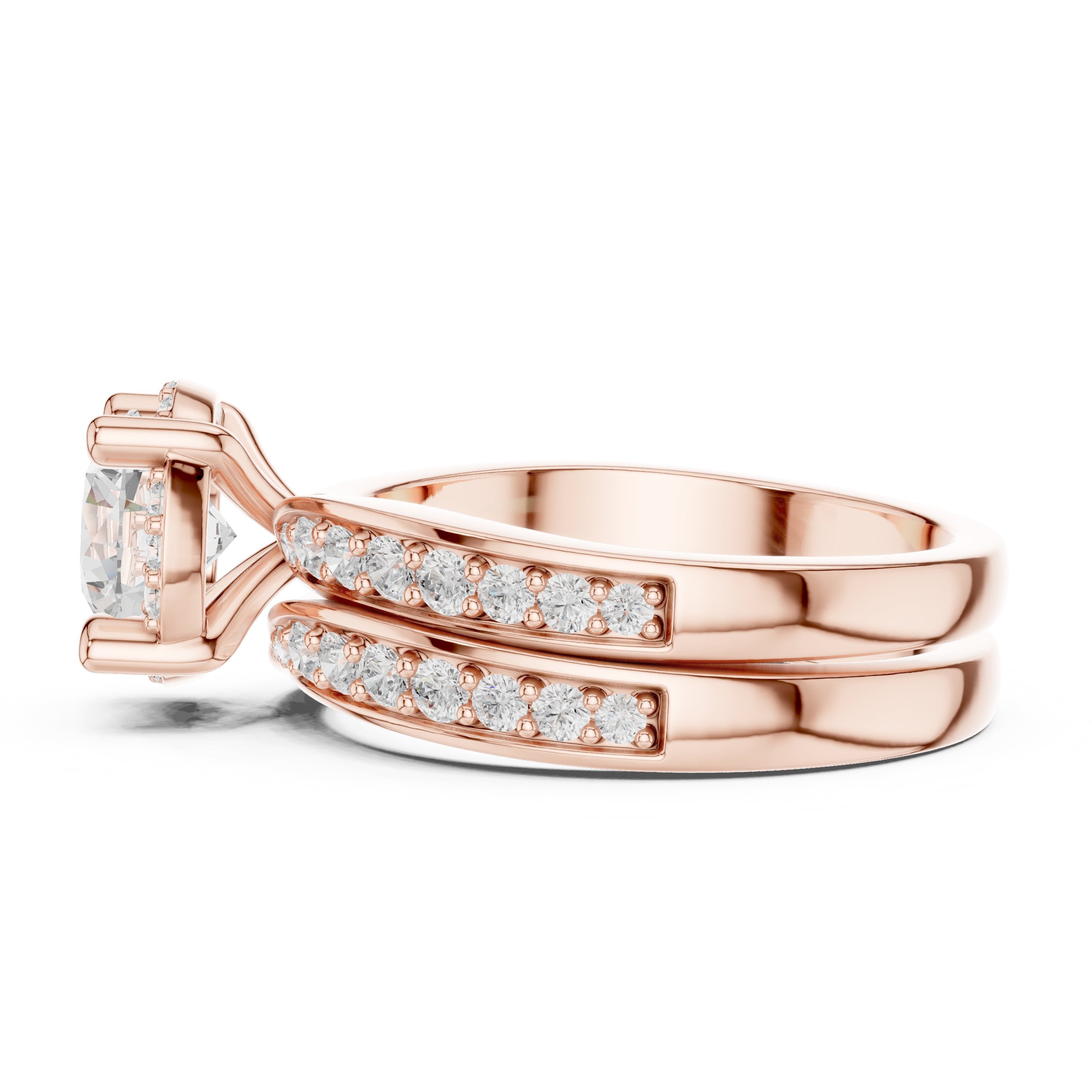 Round Diamond Halo Engagement Ring with Double Pavé Band in Rose Gold - VYKA Diamonds