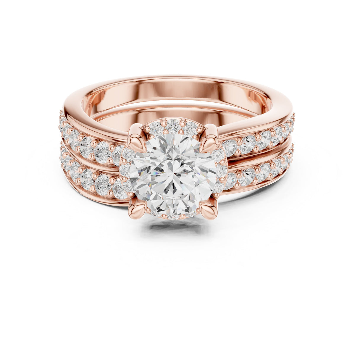 Round Diamond Halo Engagement Ring with Double Pavé Band