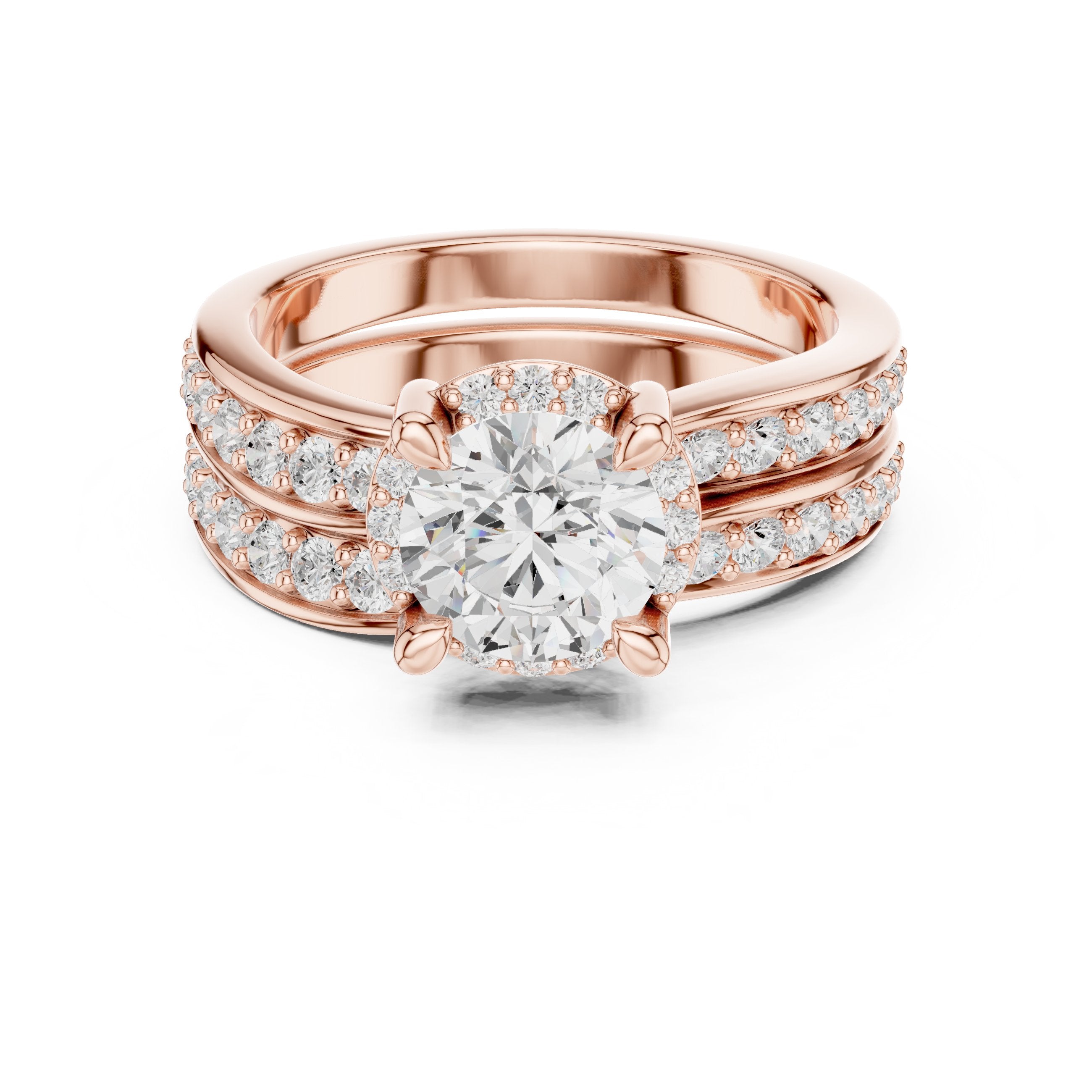 Round Diamond Halo Engagement Ring with Double Pavé Band in Rose Gold - VYKA Diamonds