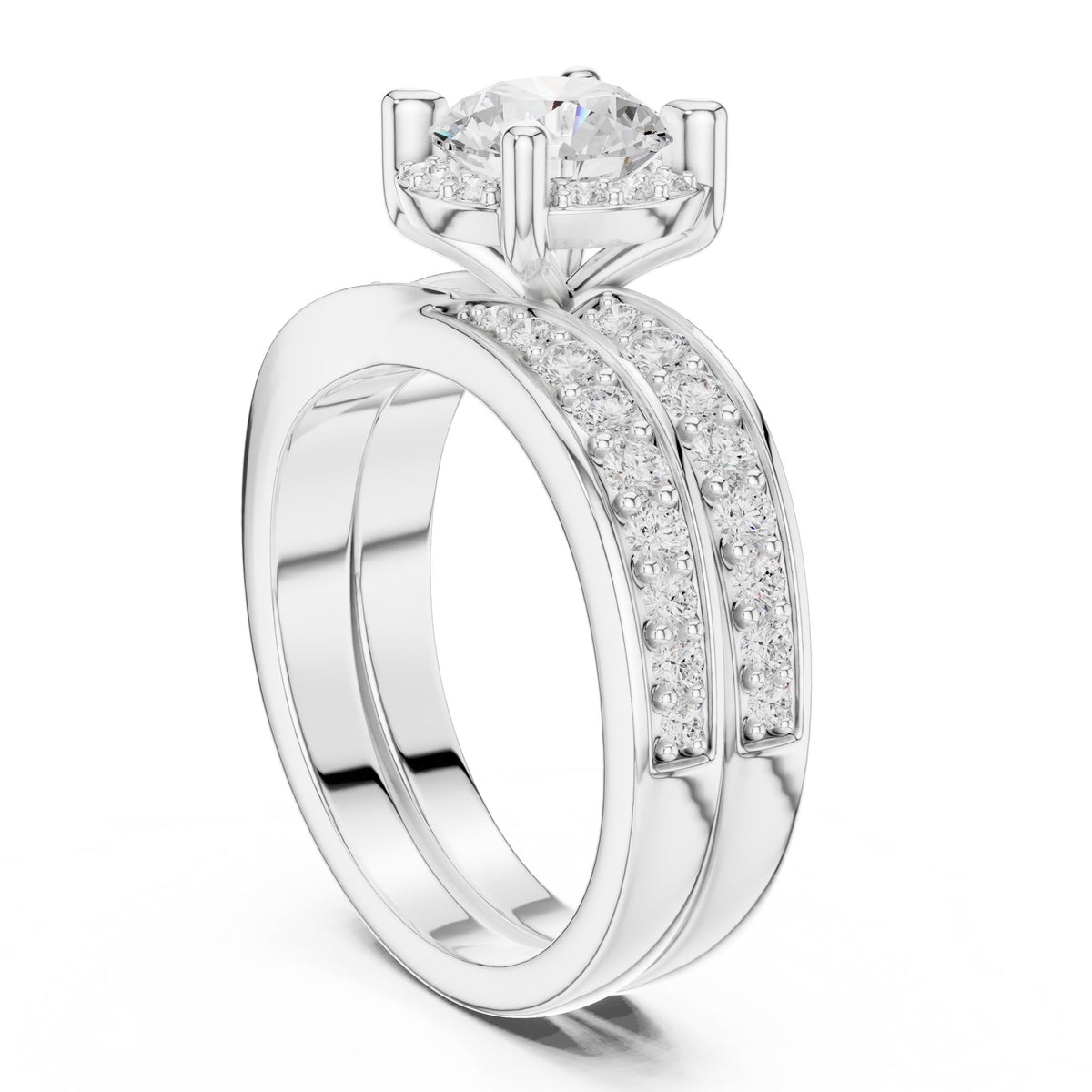 Round Diamond Halo Engagement Ring with Double Pavé Band