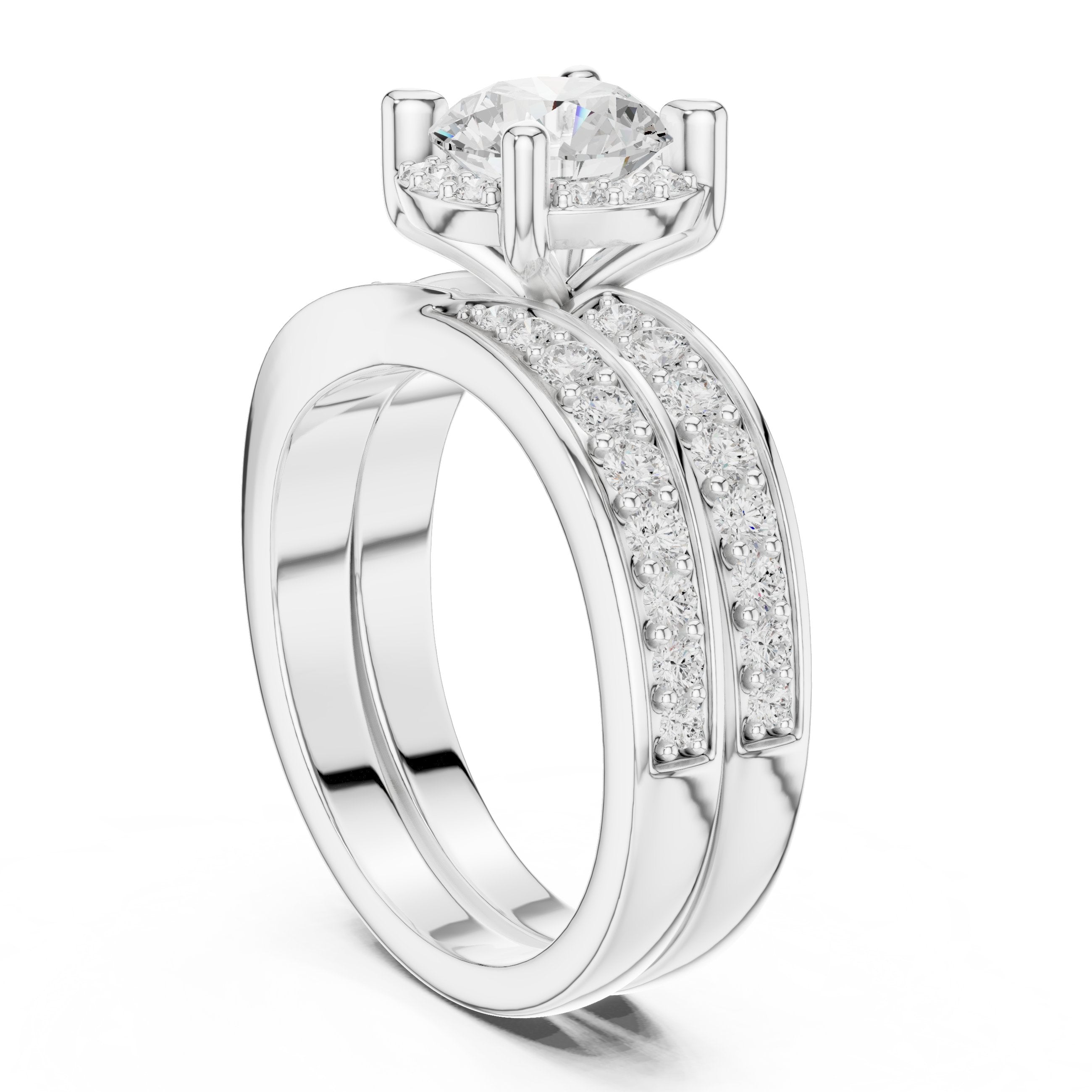 Round Diamond Halo Engagement Ring with Double Pavé Band in White Gold - VYKA Diamonds