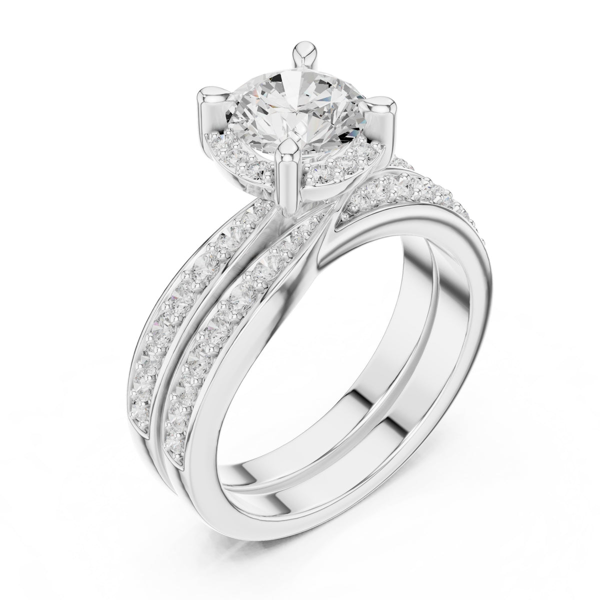Round Diamond Halo Engagement Ring with Double Pavé Band