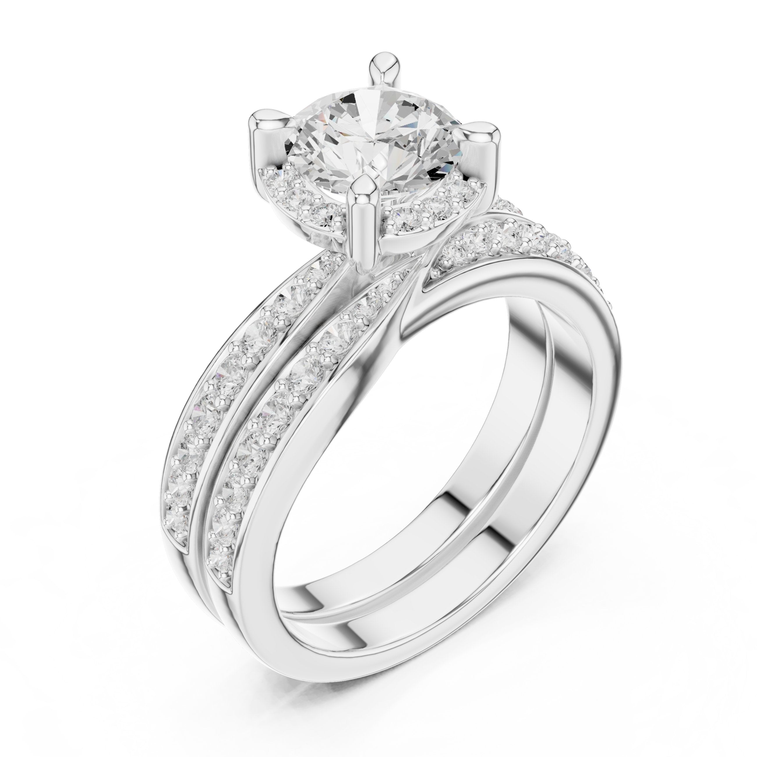 Round Diamond Halo Engagement Ring with Double Pavé Band in White Gold - VYKA Diamonds