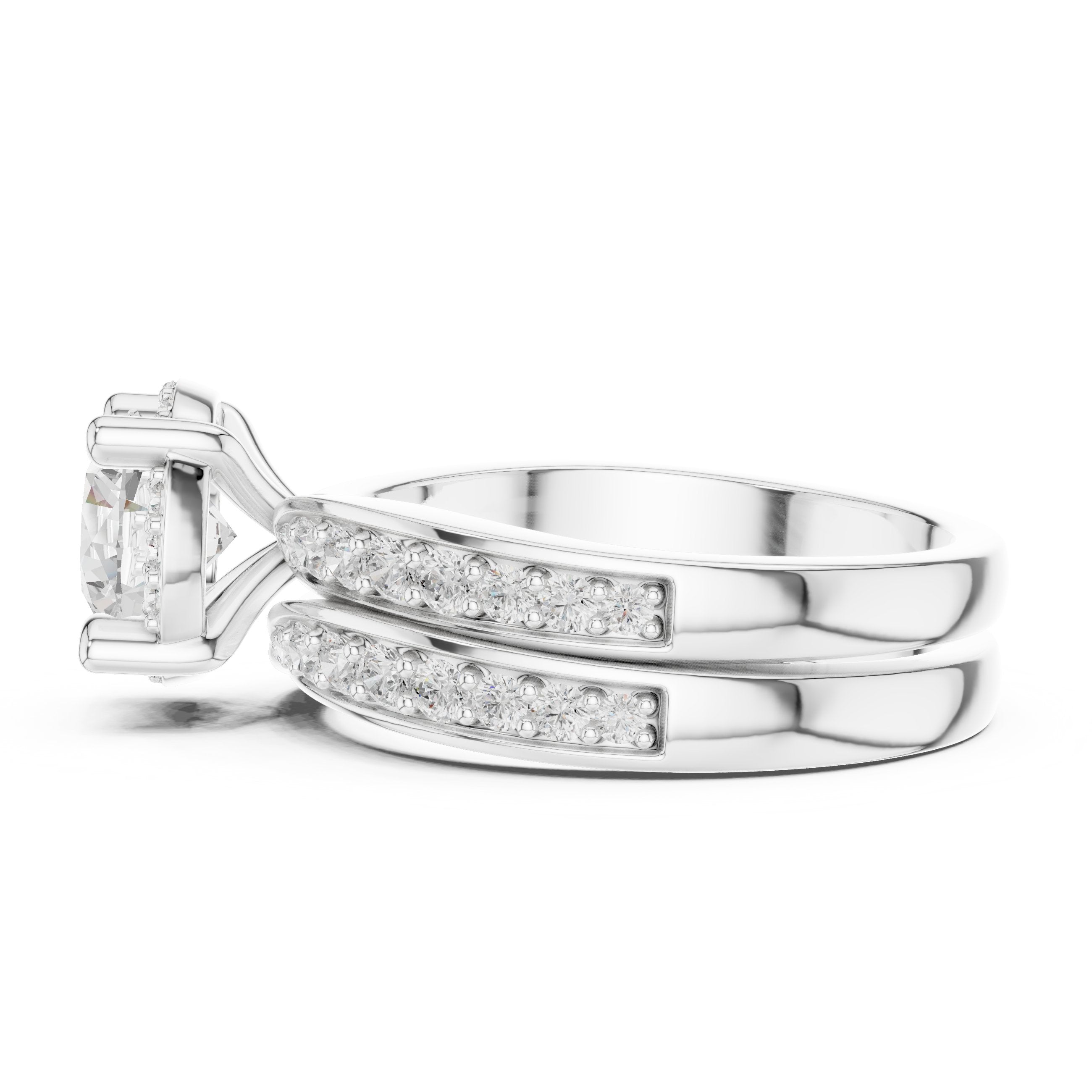 Round Diamond Halo Engagement Ring with Double Pavé Band in White Gold - VYKA Diamonds