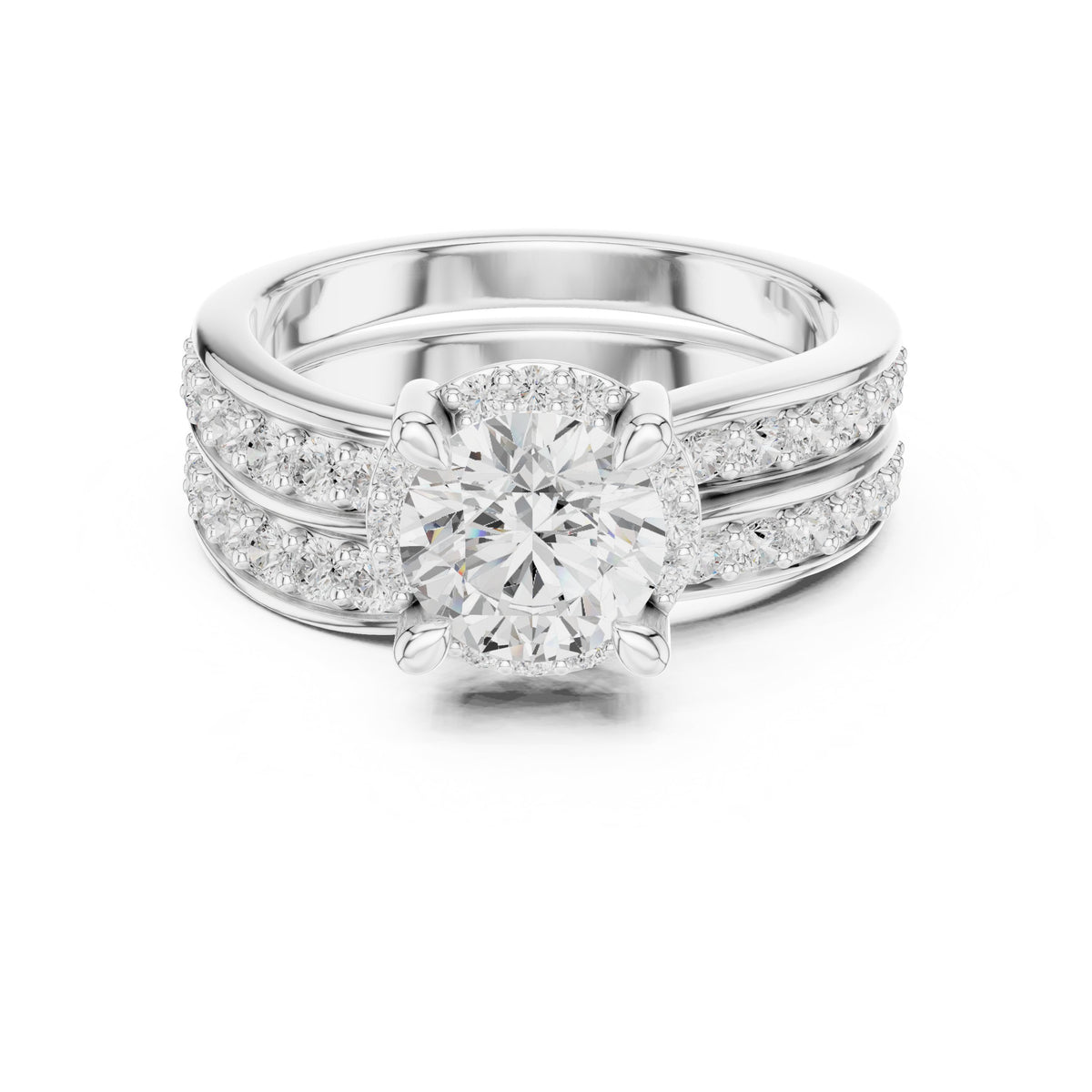 Round Diamond Halo Engagement Ring with Double Pavé Band