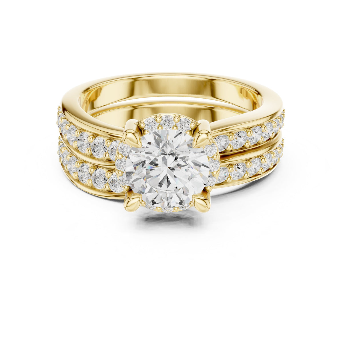 Round Diamond Halo Engagement Ring with Double Pavé Band