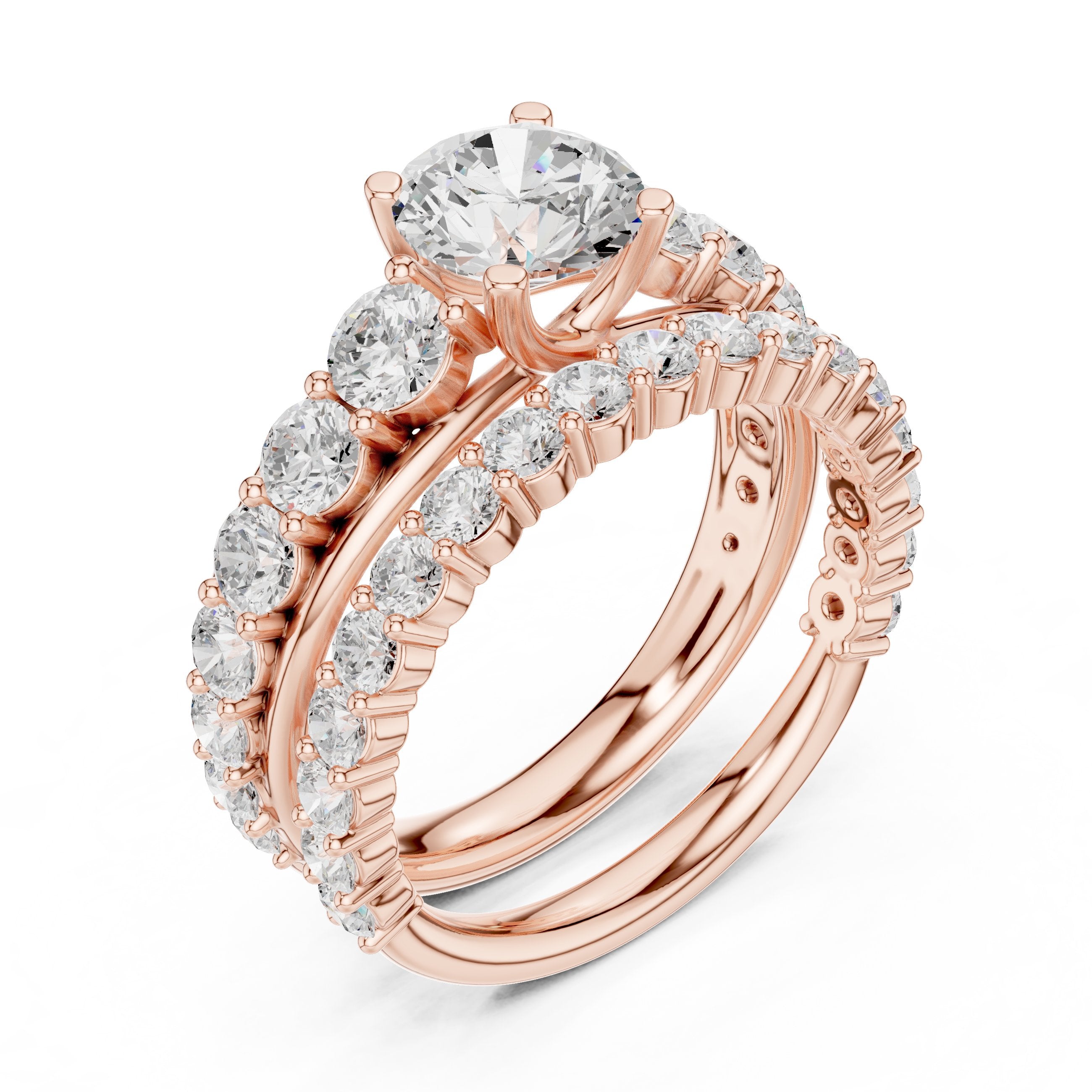 Round Diamond Halo Engagement Ring with Double Pavé Wrap Band in Rose Gold - VYKA Diamonds