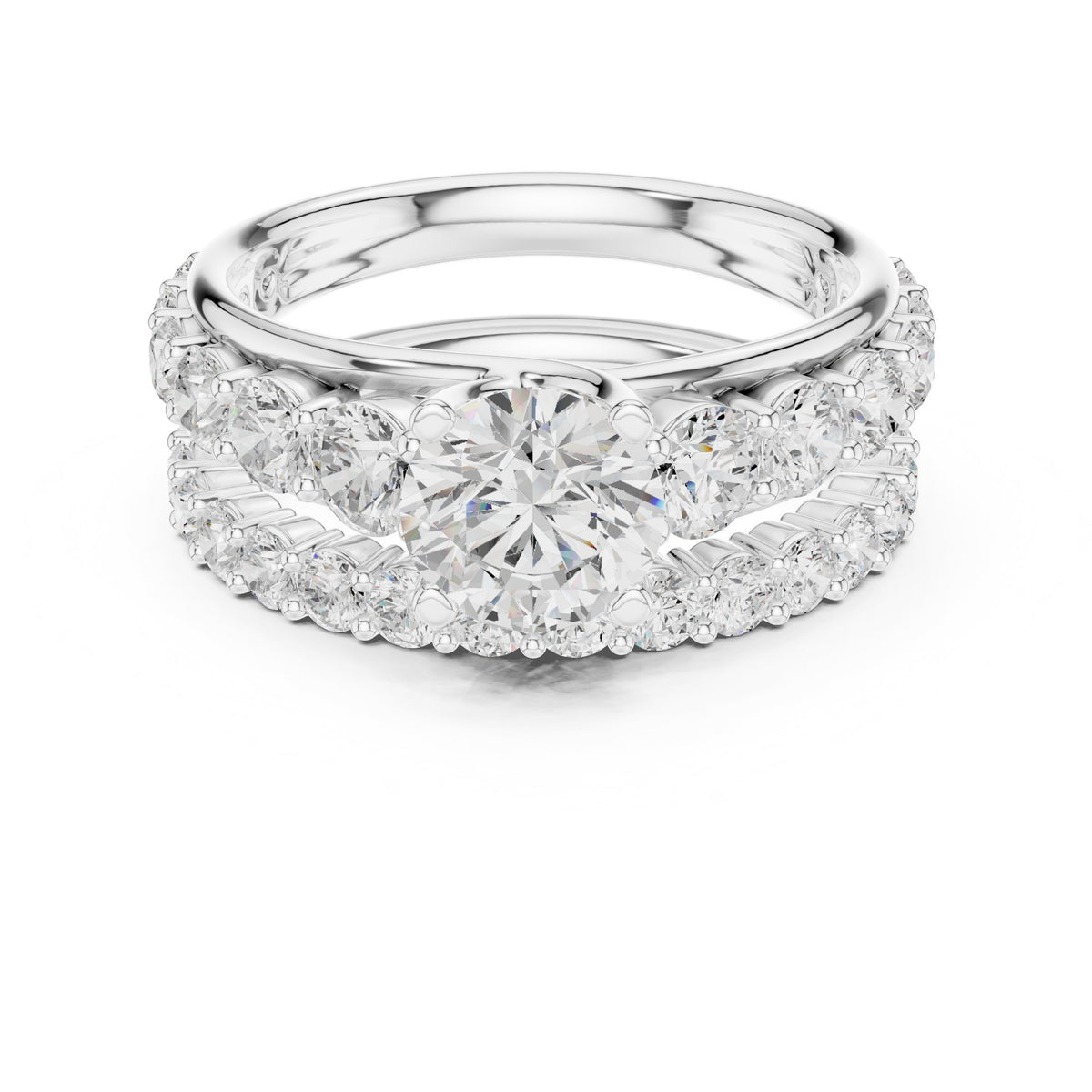 Round Diamond Halo Engagement Ring with Double Pavé Wrap Band