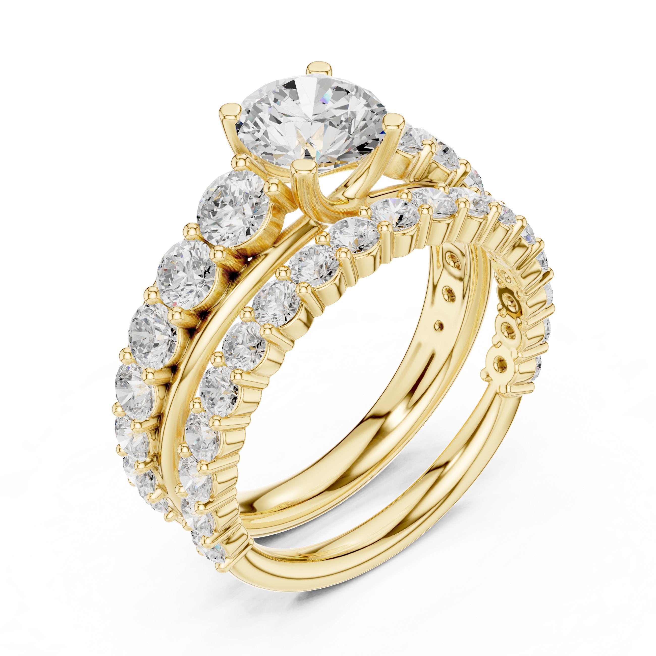Round Diamond Halo Engagement Ring with Double Pavé Wrap Band in Yellow Gold - VYKA Diamonds