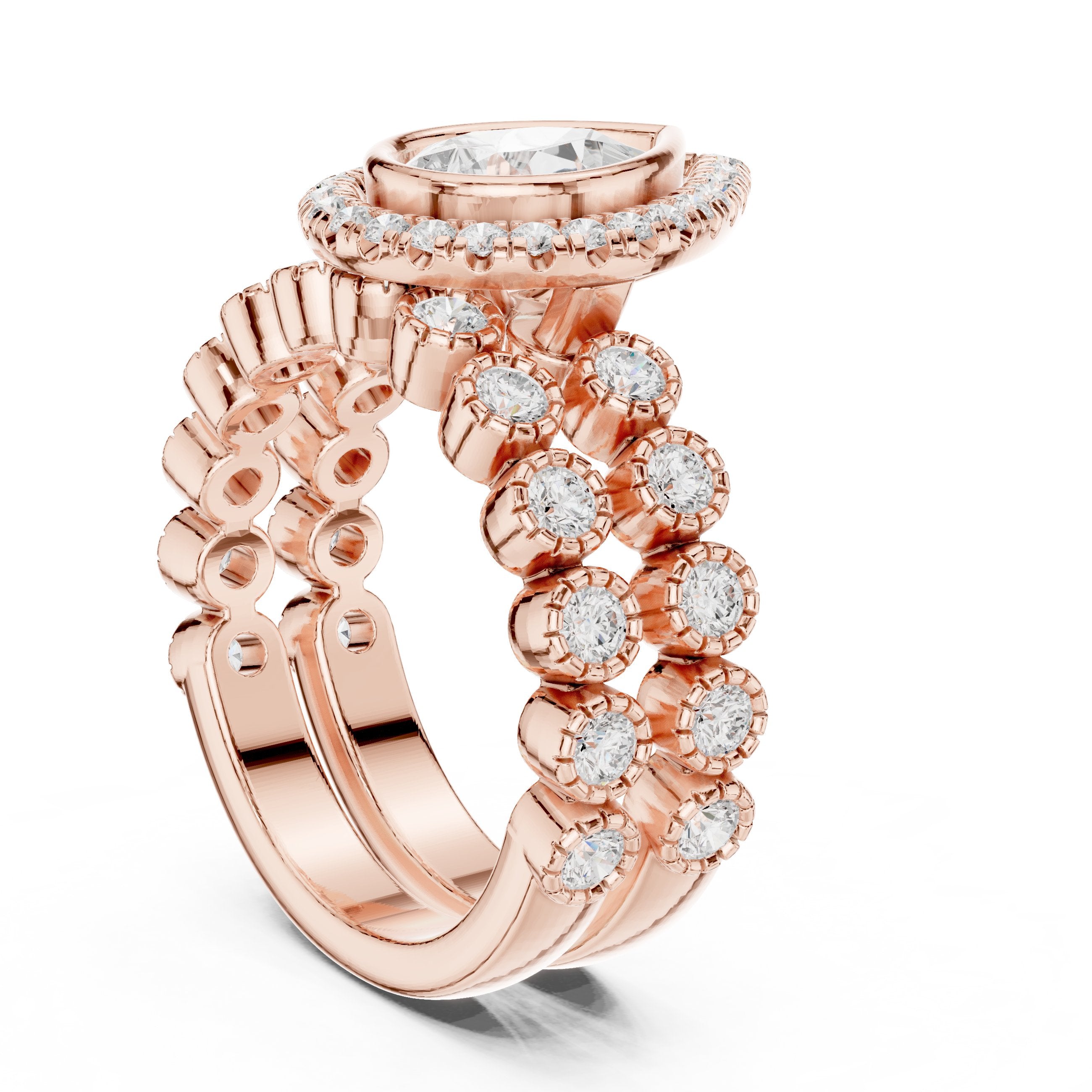Pear Diamond Halo Engagement Ring with Wide Multi-Row Pavé Band in Rose Gold - VYKA Diamonds