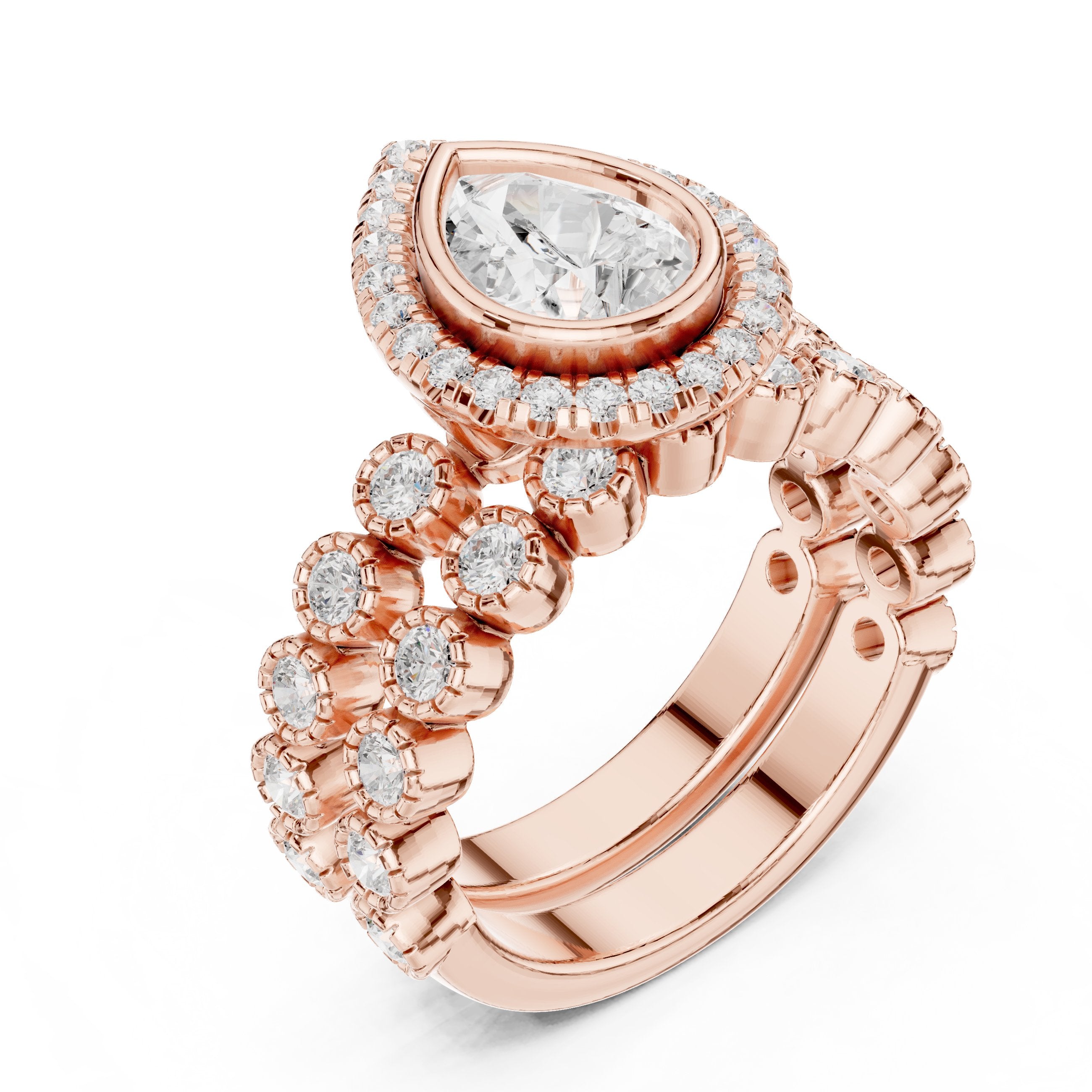 Pear Diamond Halo Engagement Ring with Wide Multi-Row Pavé Band in Rose Gold - VYKA Diamonds